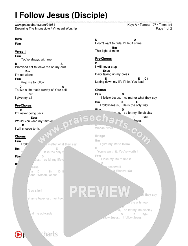 I Follow Jesus (Disciple) Chord Chart (Dreaming The Impossible / Vineyard Worship)