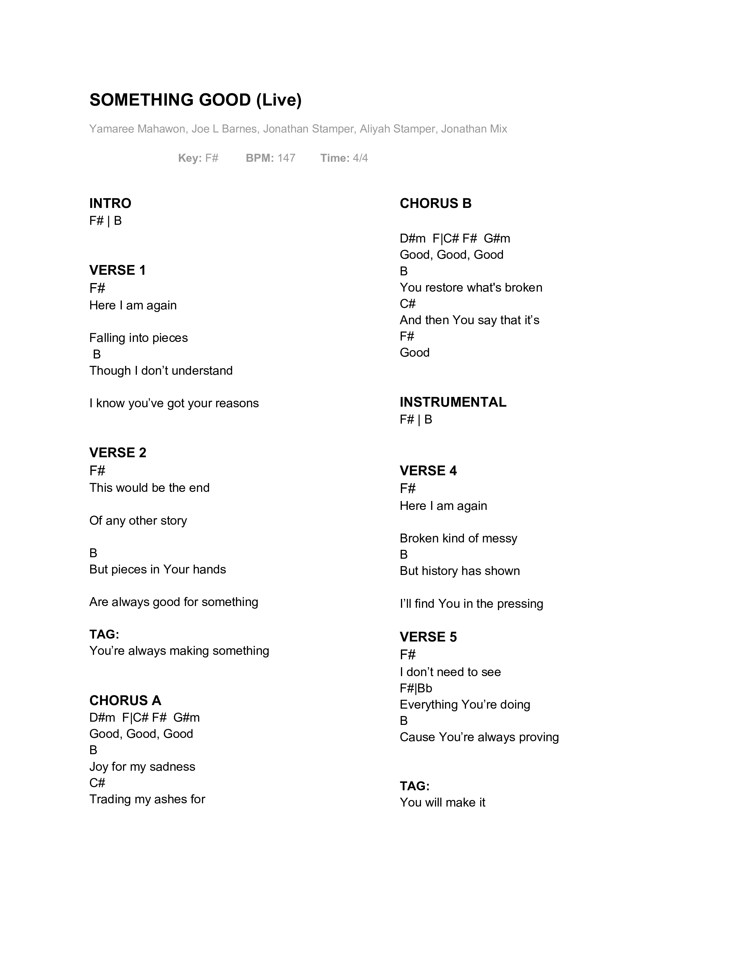 Something Good (Live) Chord Chart (Yamaree Mahawon / Anthony Stallion)