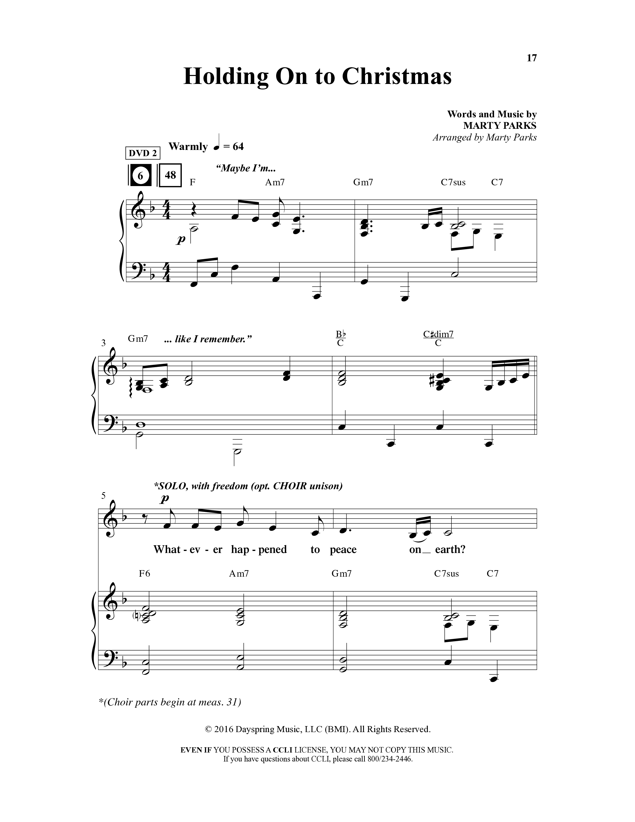 Holding On To Christmas (9 Song Choral Collection) Song 2 (Piano SATB) (Word Music Choral / Arr. Marty Parks)