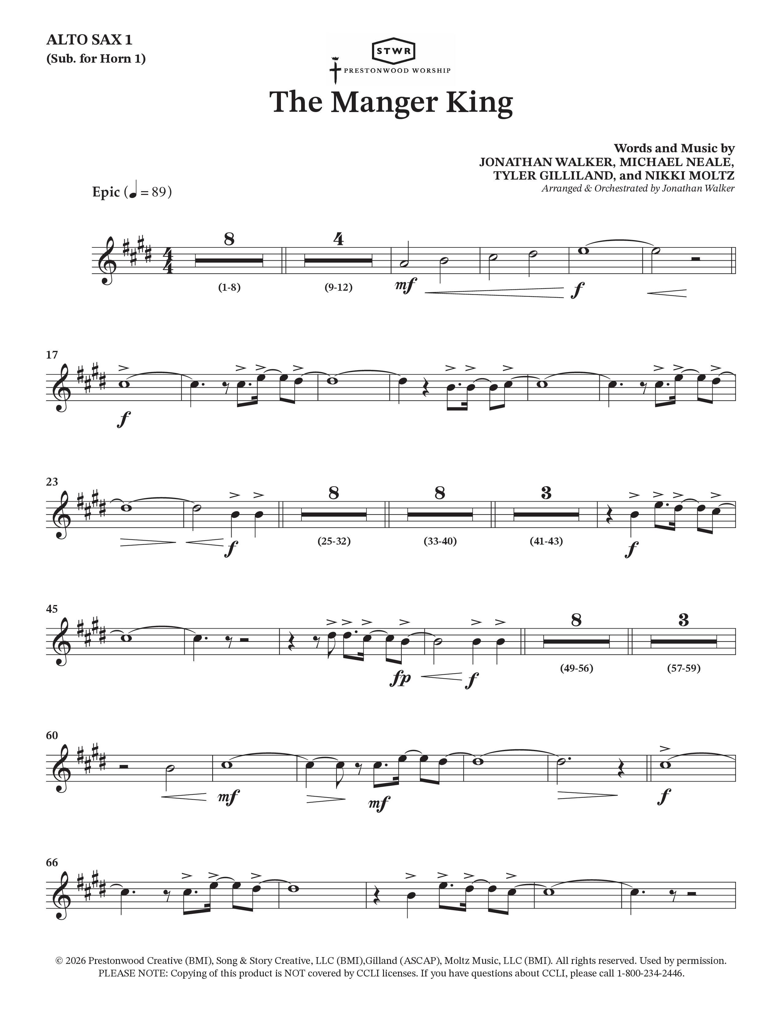 The Manger King (Choral Anthem SATB) Alto Sax (Prestonwood Worship / Arr. Jonathan Walker)
