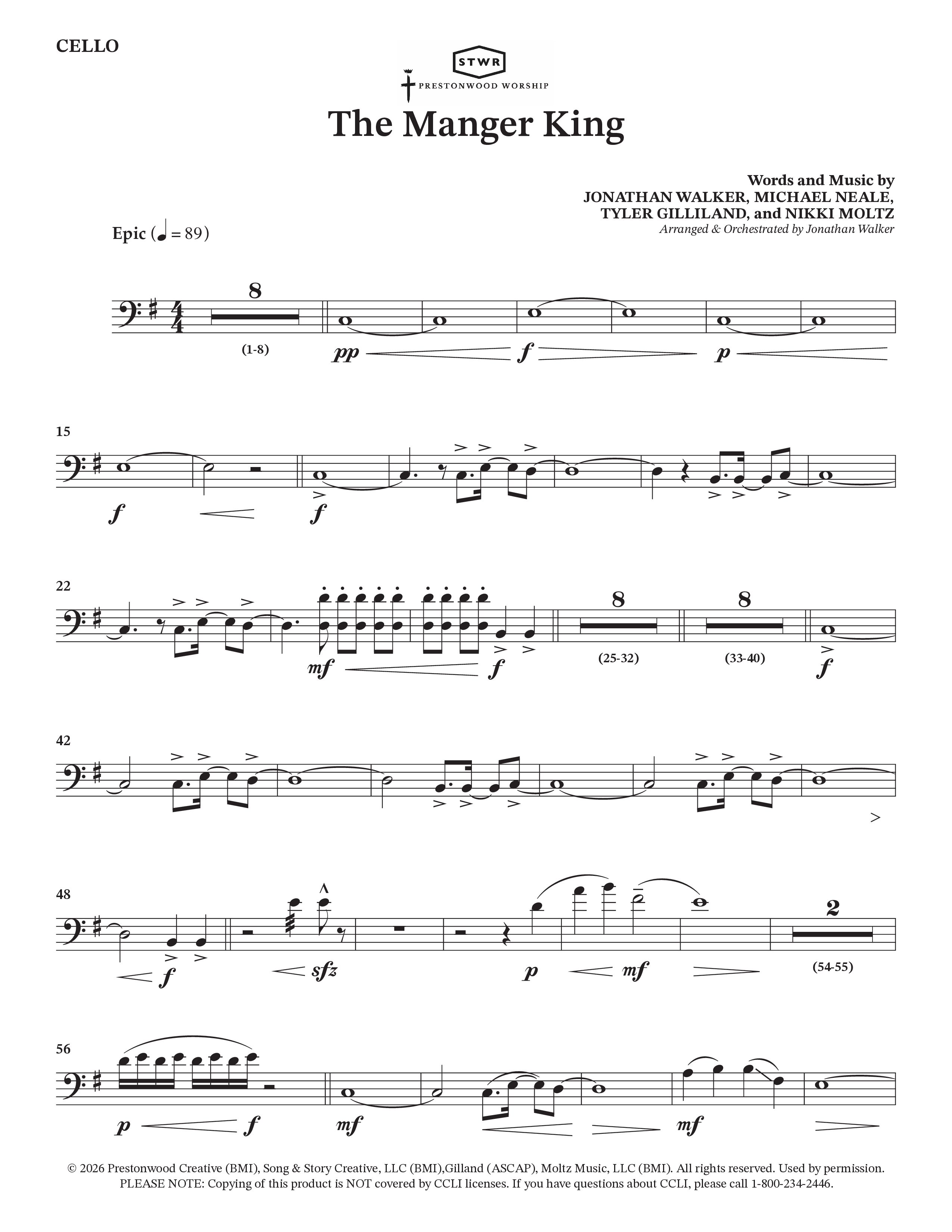 The Manger King (Choral Anthem SATB) Cello (Prestonwood Worship / Arr. Jonathan Walker)