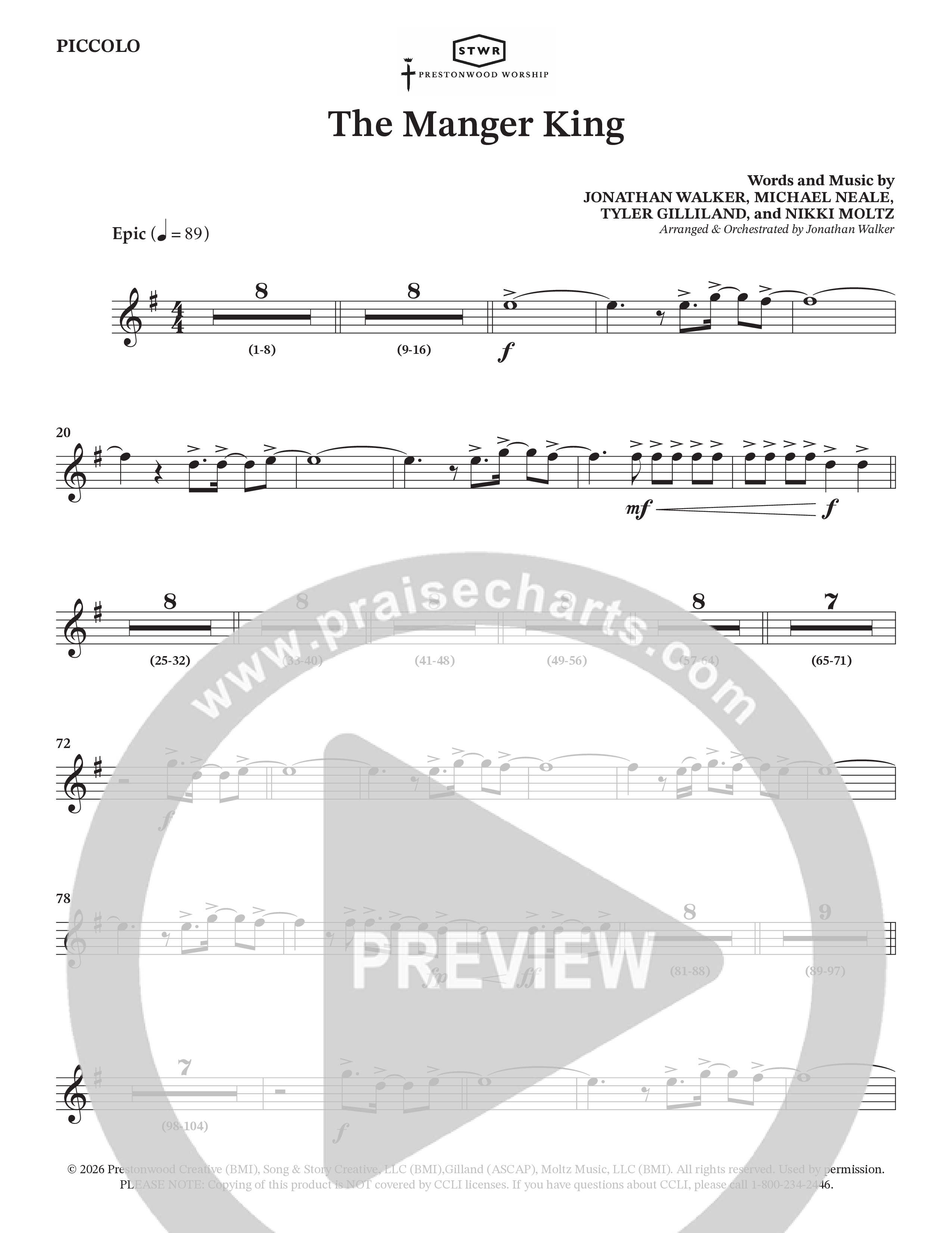 The Manger King (Choral Anthem SATB) Flute/Piccolo (Prestonwood Worship / Arr. Jonathan Walker)