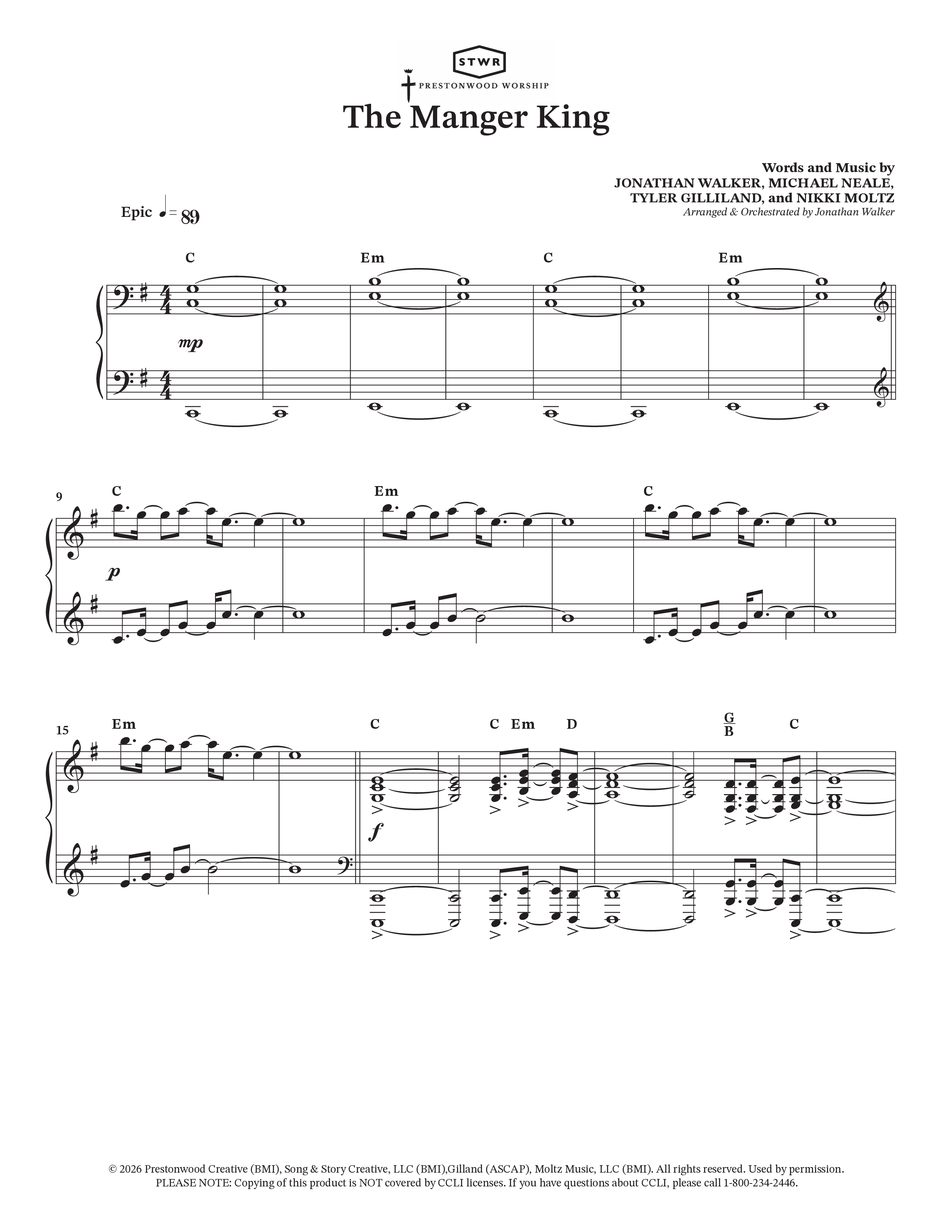 The Manger King (Choral Anthem SATB) Piano/Vocal Pack (Prestonwood Worship / Arr. Jonathan Walker)