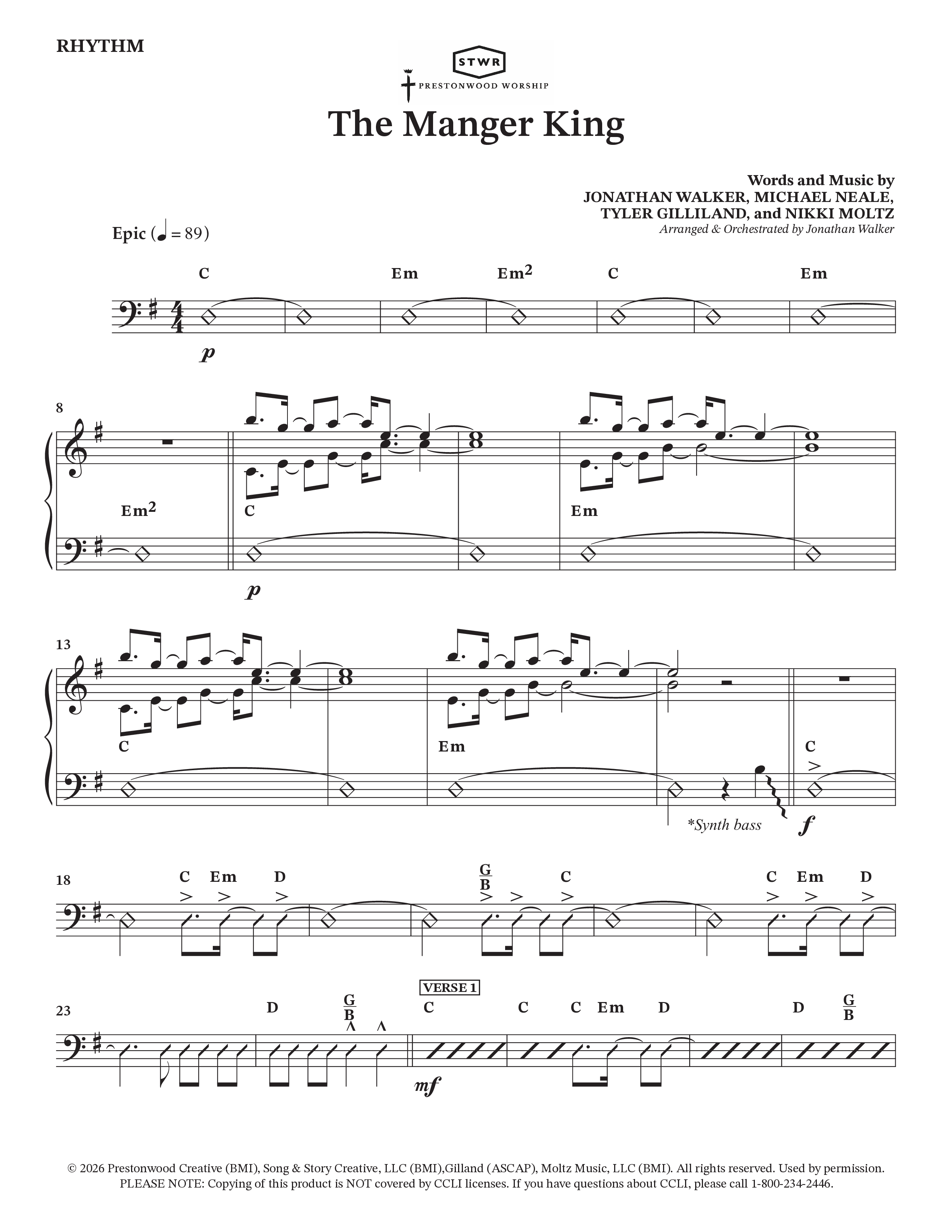 The Manger King (Choral Anthem SATB) Rhythm Chart (Prestonwood Worship / Arr. Jonathan Walker)
