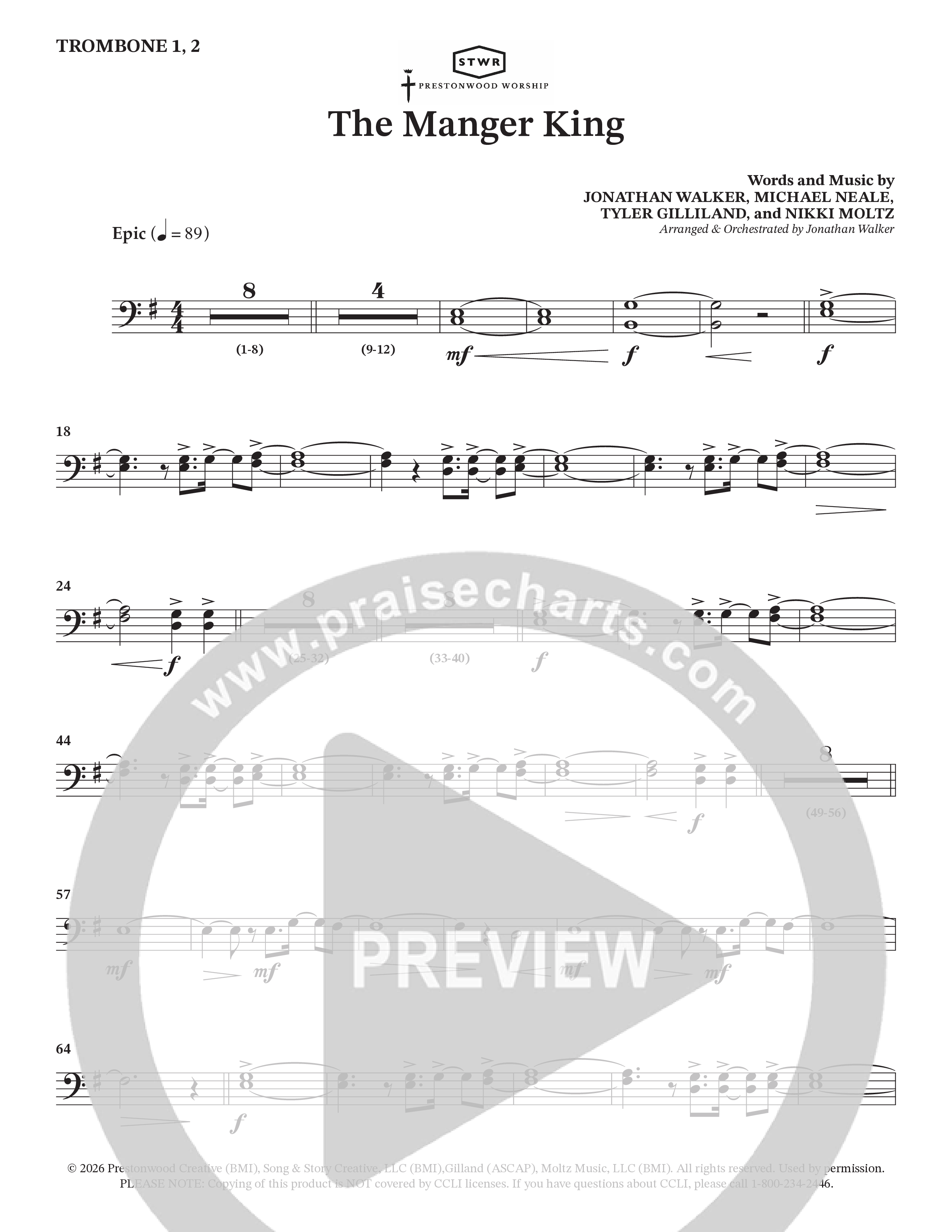 The Manger King (Choral Anthem SATB) Trombone 1/2 (Prestonwood Worship / Arr. Jonathan Walker)
