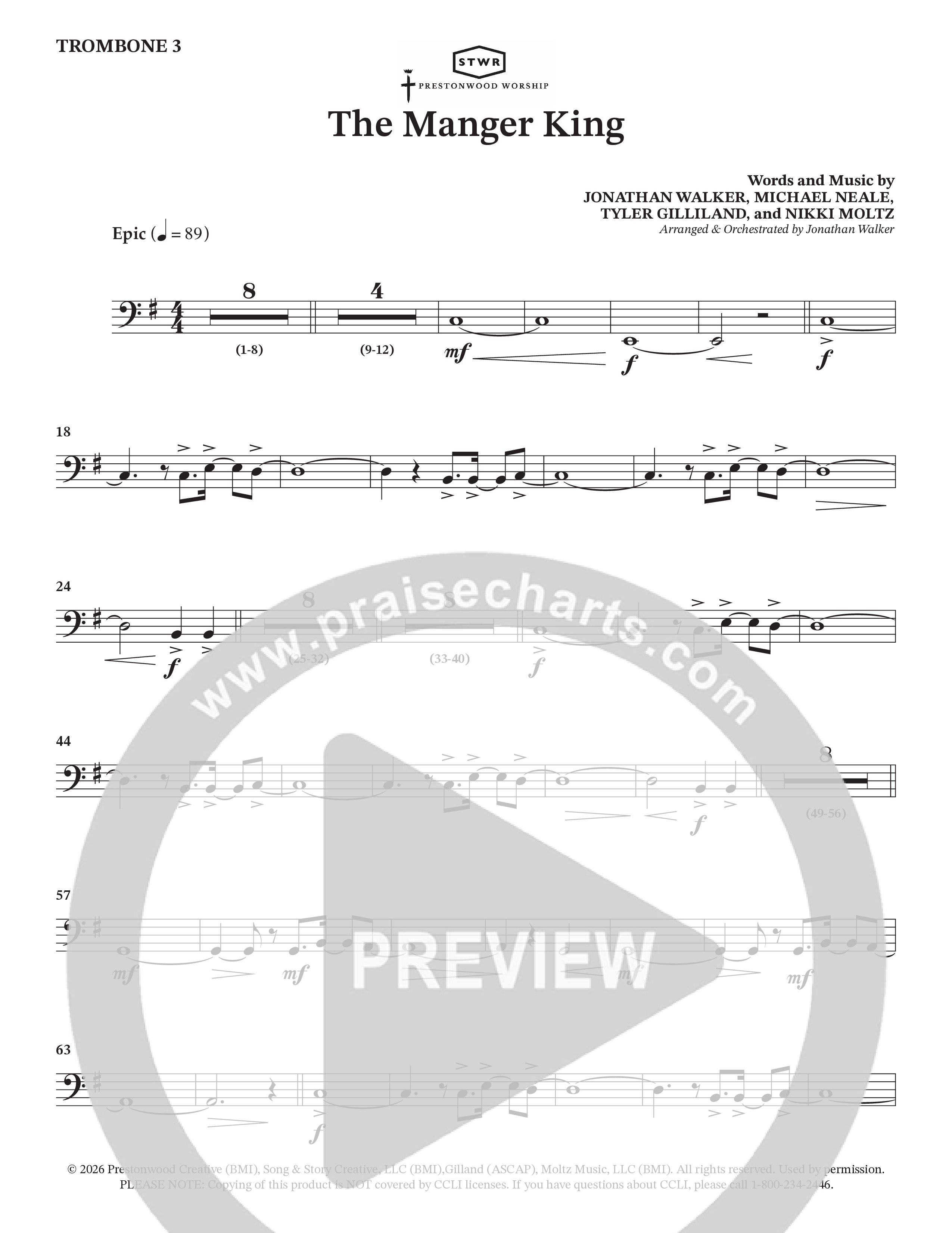 The Manger King (Choral Anthem SATB) Trombone 3 (Prestonwood Worship / Arr. Jonathan Walker)