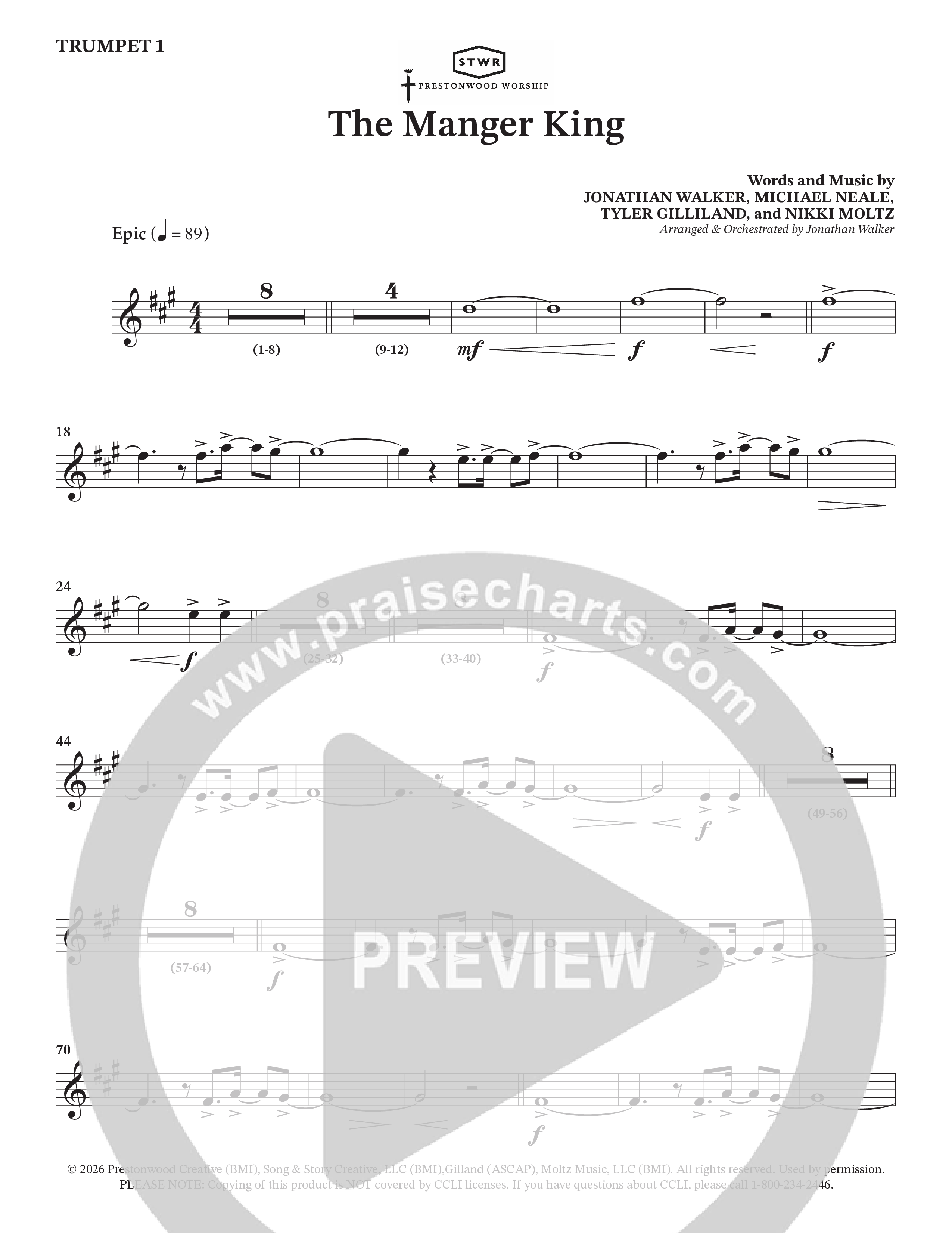 The Manger King (Choral Anthem SATB) Trumpet 1 (Prestonwood Worship / Arr. Jonathan Walker)