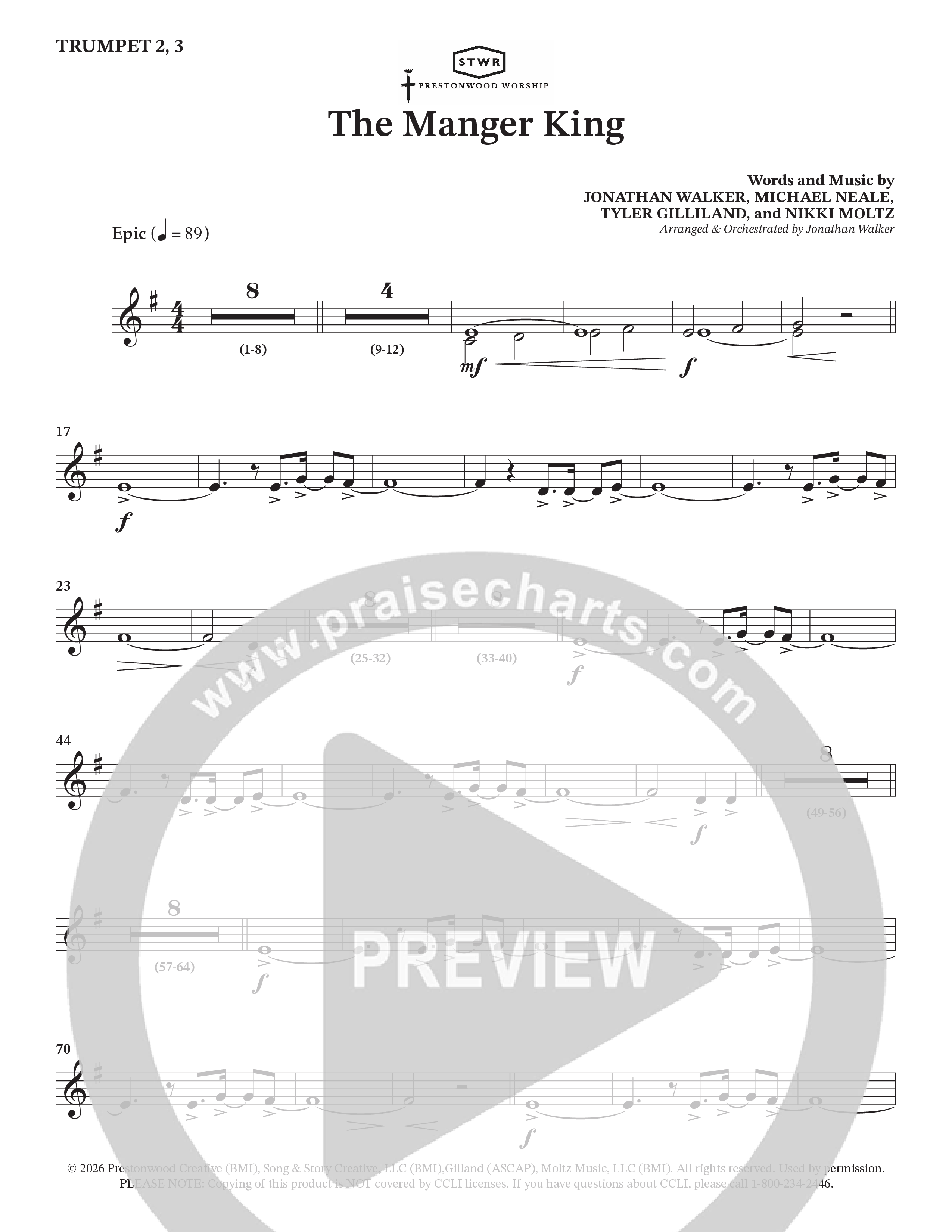 The Manger King (Choral Anthem SATB) Trumpet 2/3 (Prestonwood Worship / Arr. Jonathan Walker)