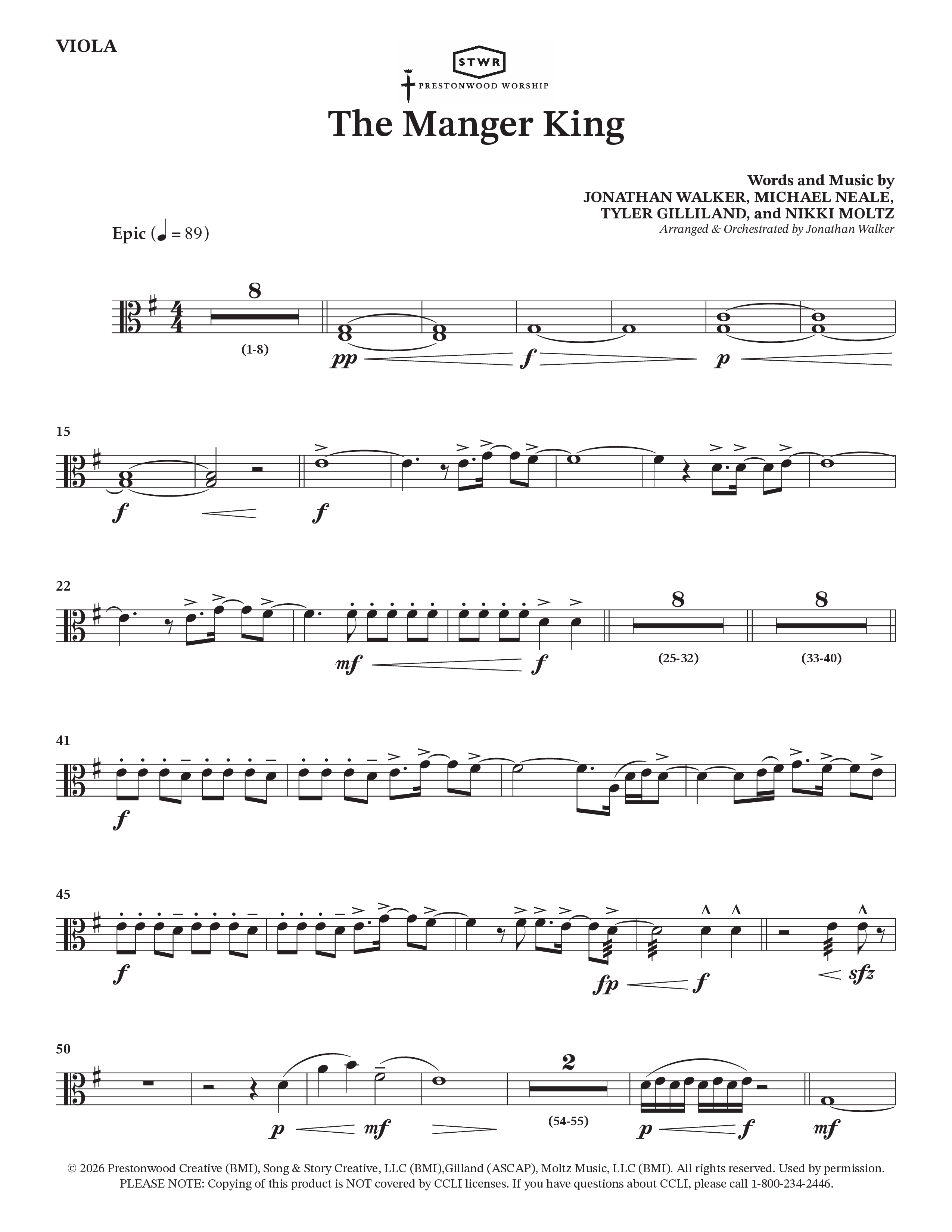 The Manger King (Choral Anthem SATB) Viola (Prestonwood Worship / Arr. Jonathan Walker)