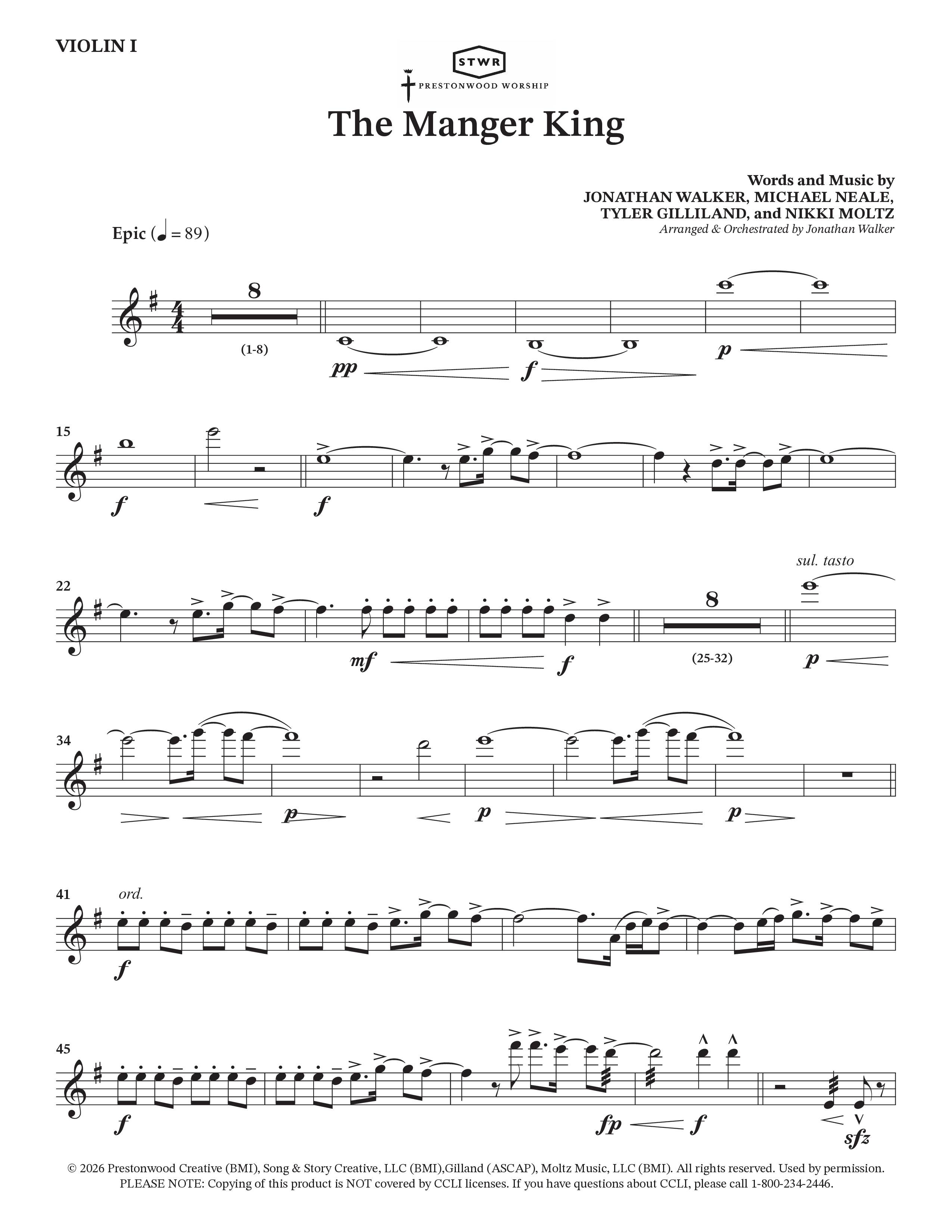 The Manger King (Choral Anthem SATB) Violin 1 (Prestonwood Worship / Arr. Jonathan Walker)