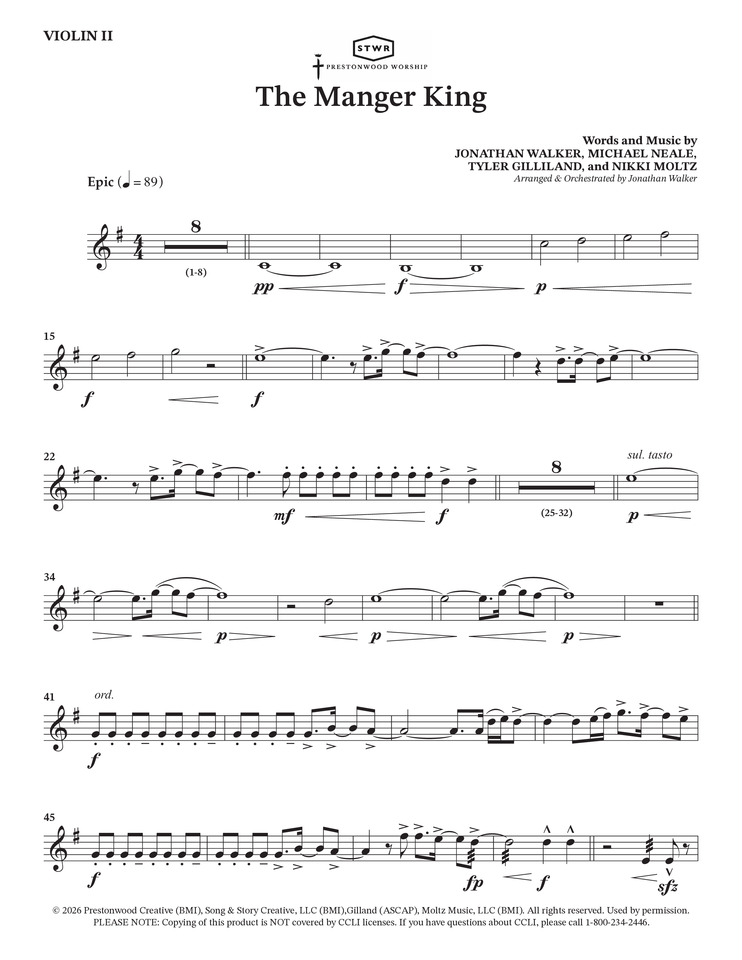 The Manger King (Choral Anthem SATB) Violin 2 (Prestonwood Worship / Arr. Jonathan Walker)