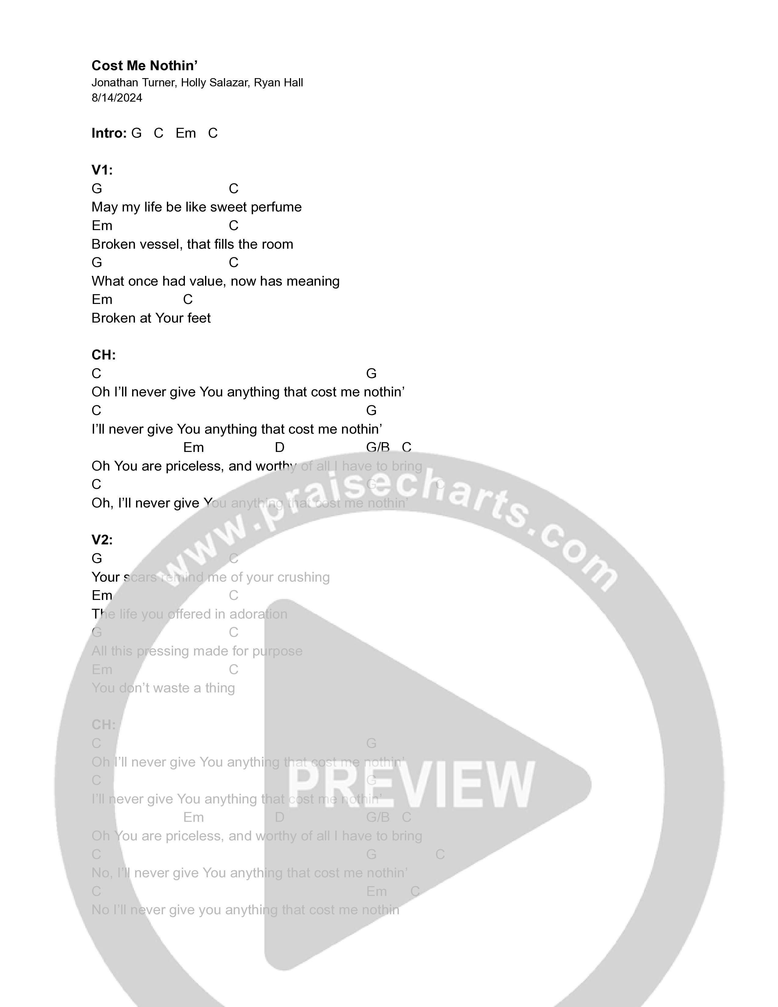 Cost Me Nothing Chord Chart (The Halls / Jonathan Turner)