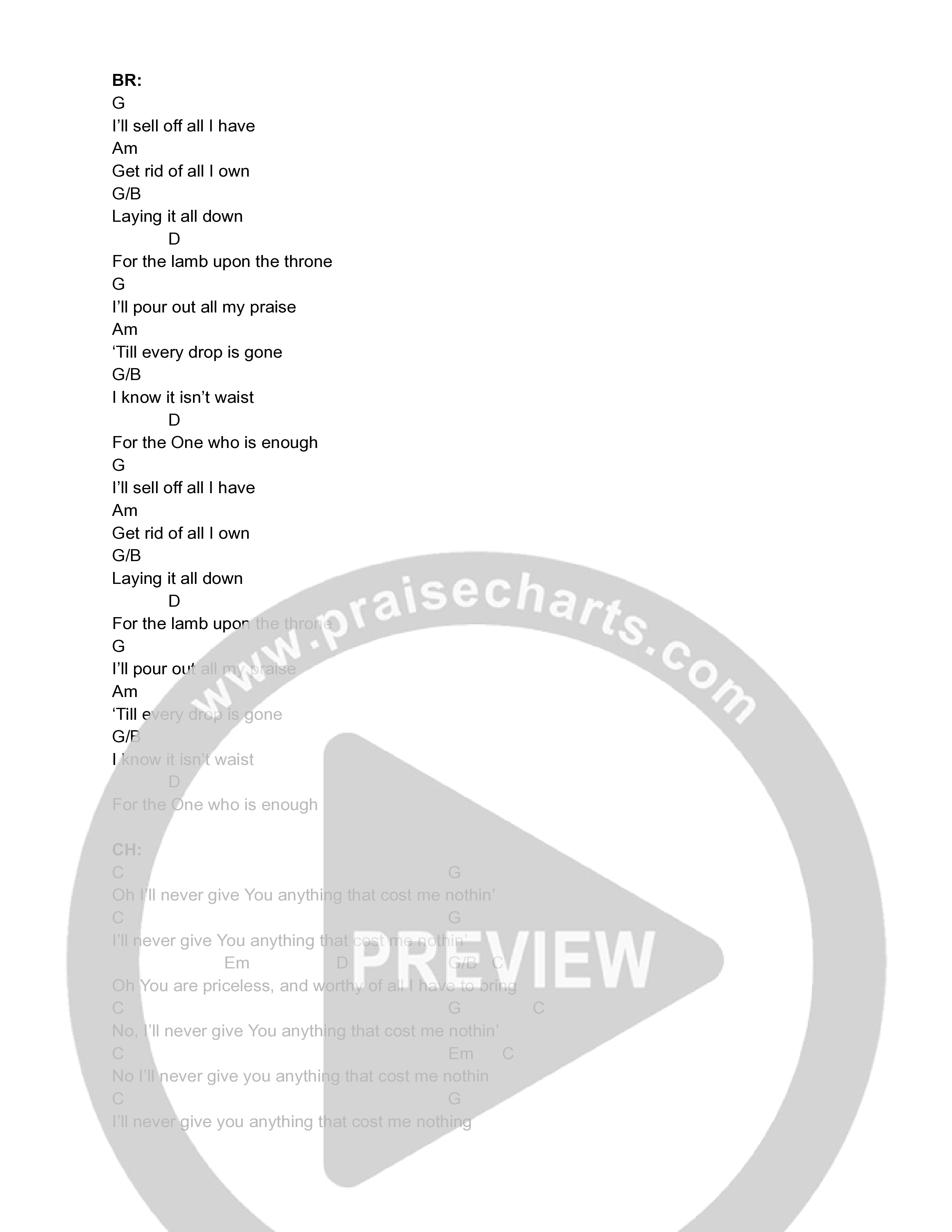 Cost Me Nothing Chord Chart (The Halls / Jonathan Turner)