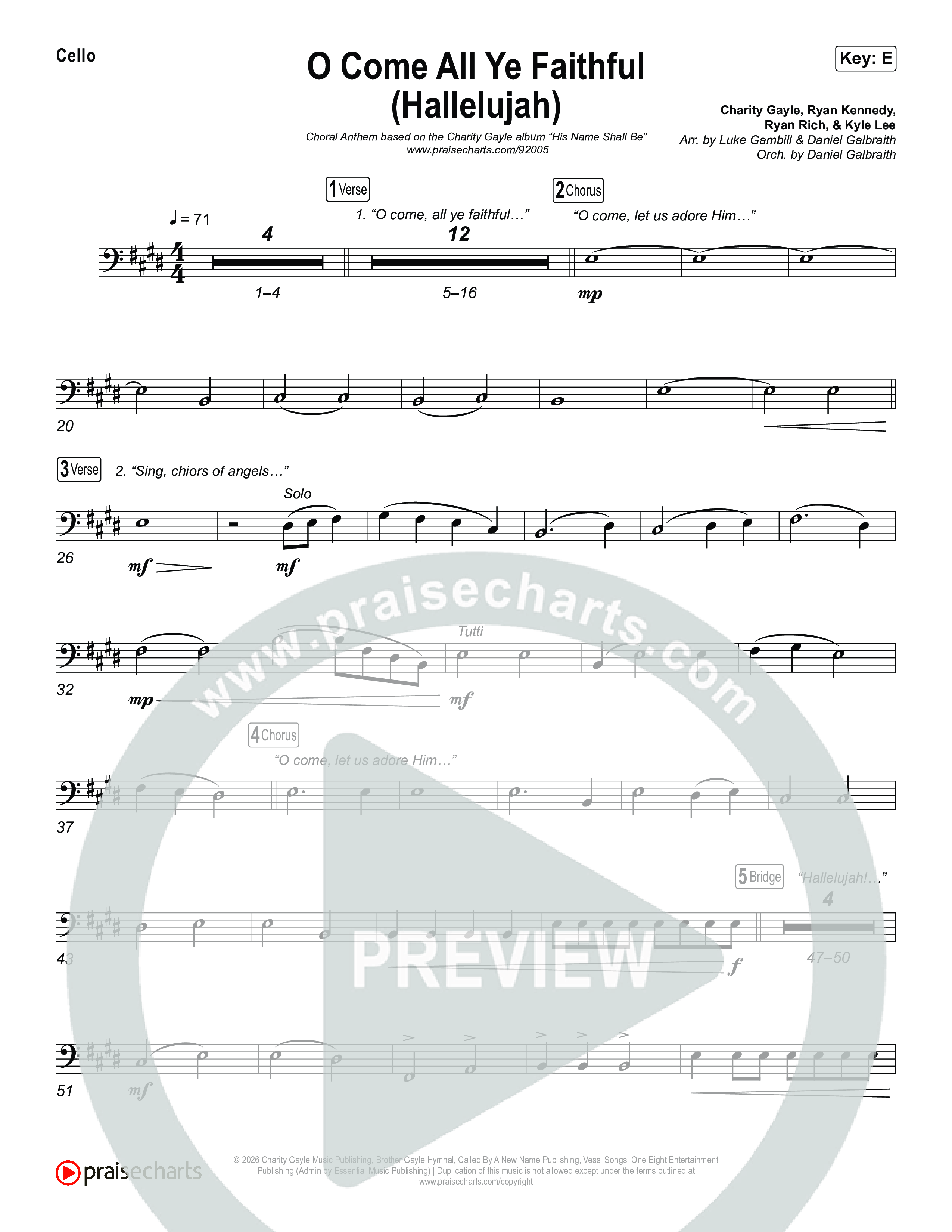 O Come All Ye Faithful (Hallelujah) (Choral Anthem SATB) Cello (Charity Gayle / Arr. Luke Gambill)