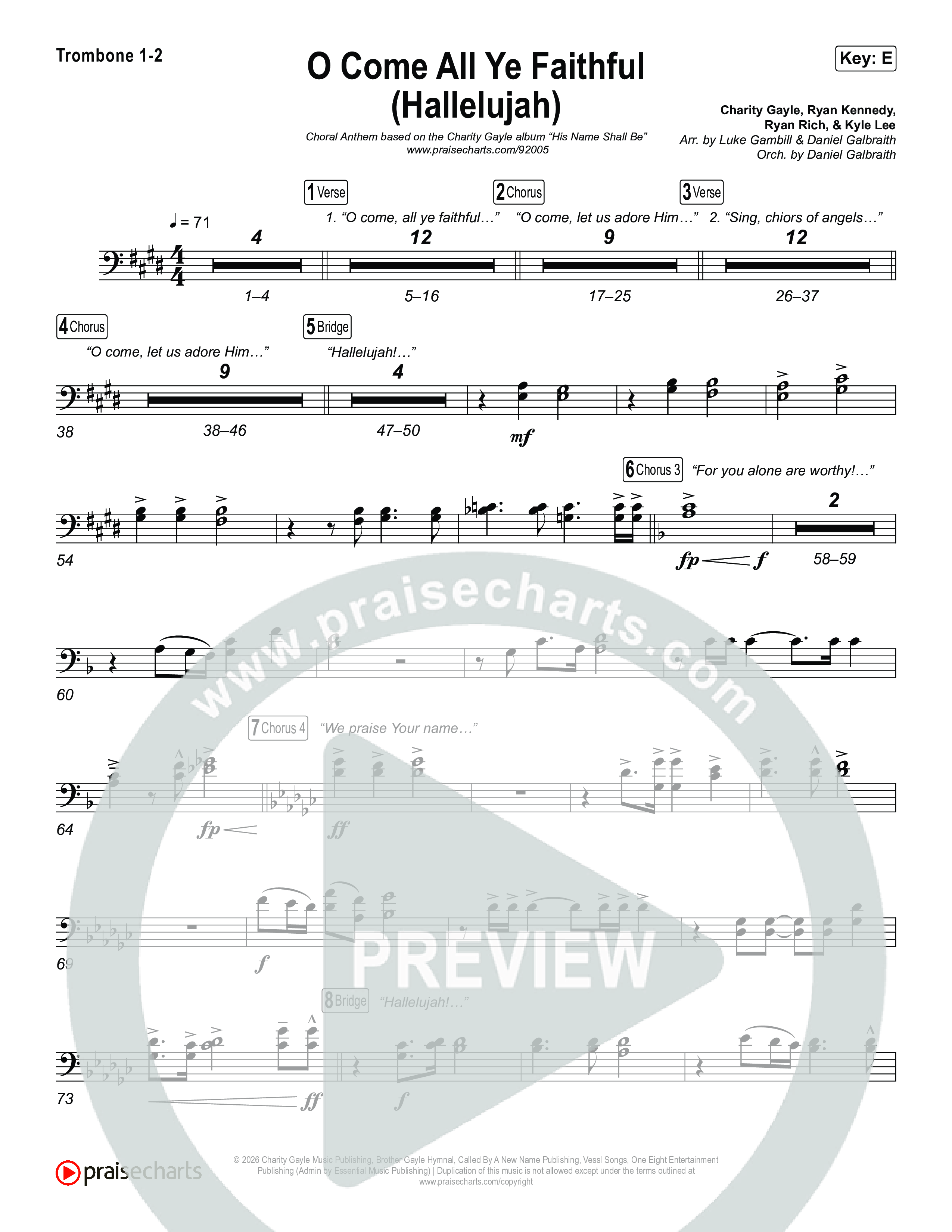 O Come All Ye Faithful (Hallelujah) (Choral Anthem SATB) Trombone 1,2 (Charity Gayle / Arr. Luke Gambill)