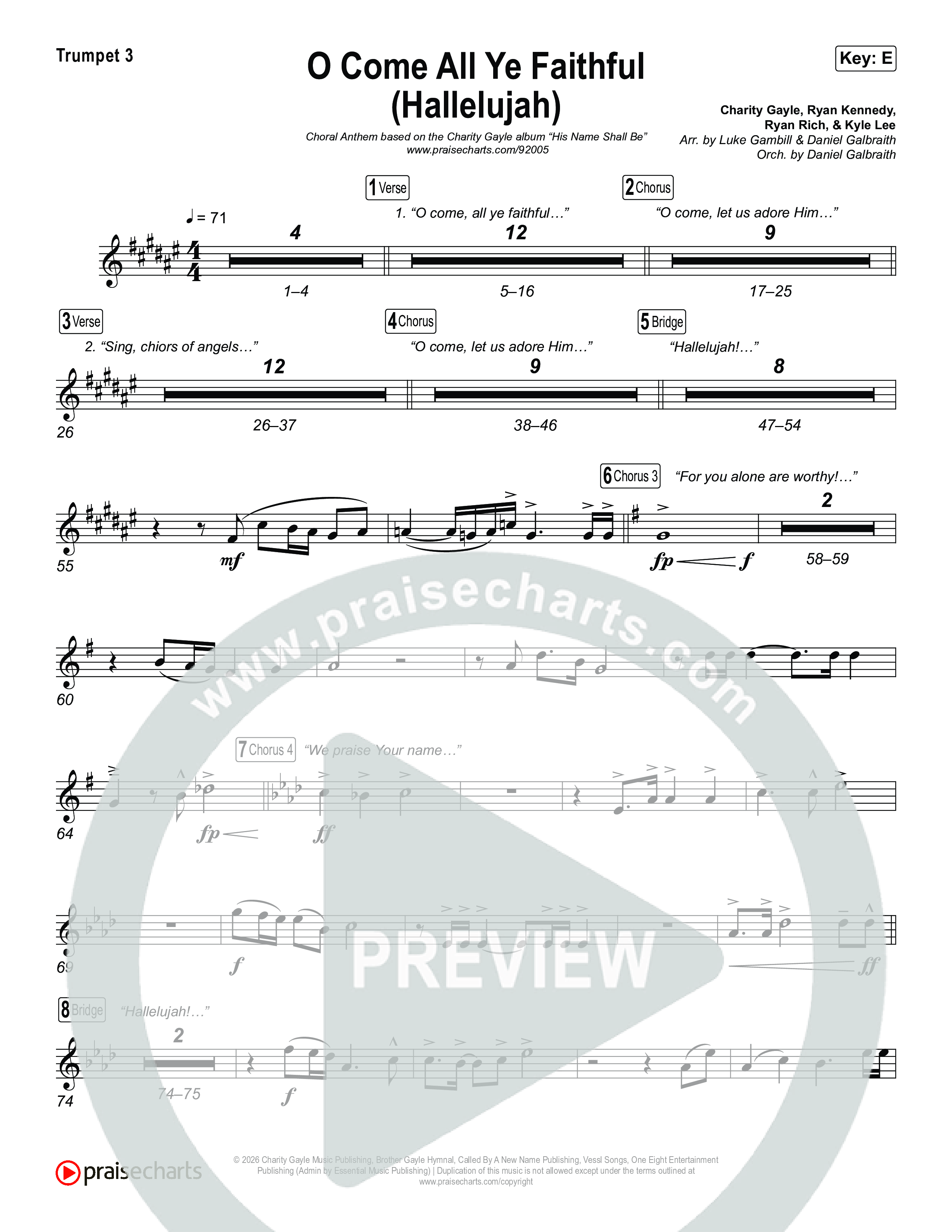 O Come All Ye Faithful (Hallelujah) (Choral Anthem SATB) Trumpet 3 (Charity Gayle / Arr. Luke Gambill)