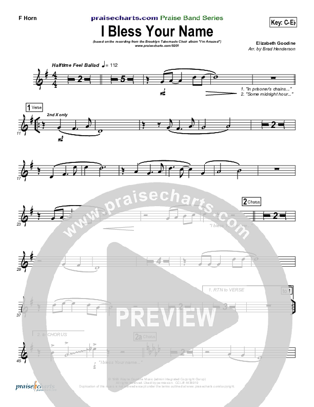 I Bless Your Name French Horn (Songs of Brooklyn Tabernacle Choir (PraiseCharts Edition))