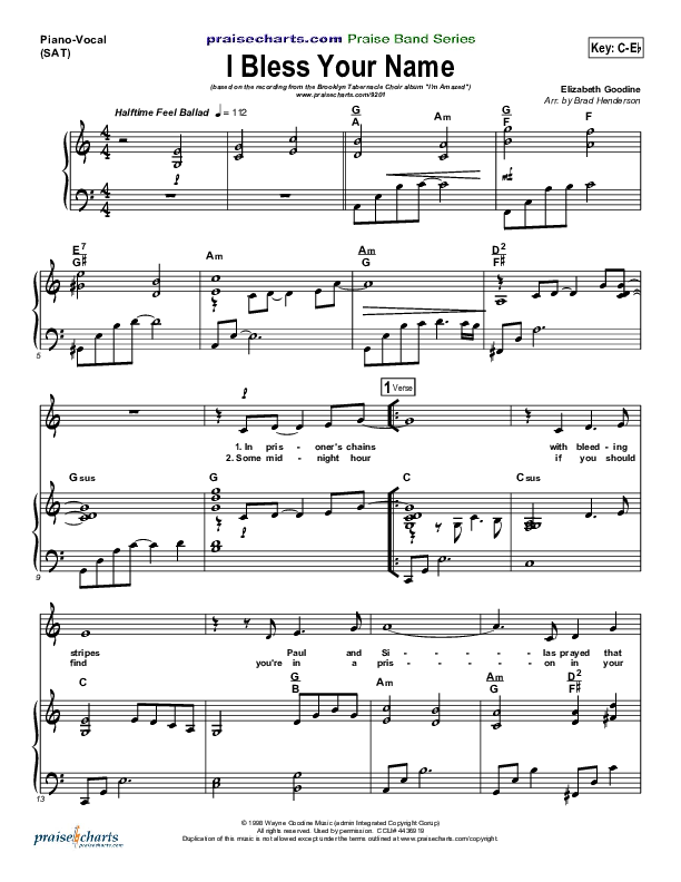 I Bless Your Name Piano/Vocal (SAT) (Songs of Brooklyn Tabernacle Choir (PraiseCharts Edition))