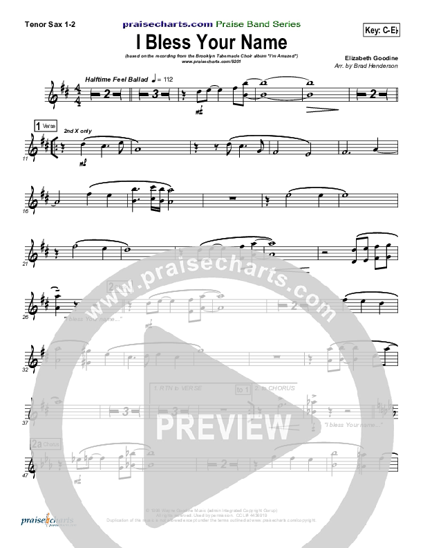 I Bless Your Name Tenor Sax 1/2 (Songs of Brooklyn Tabernacle Choir (PraiseCharts Edition))