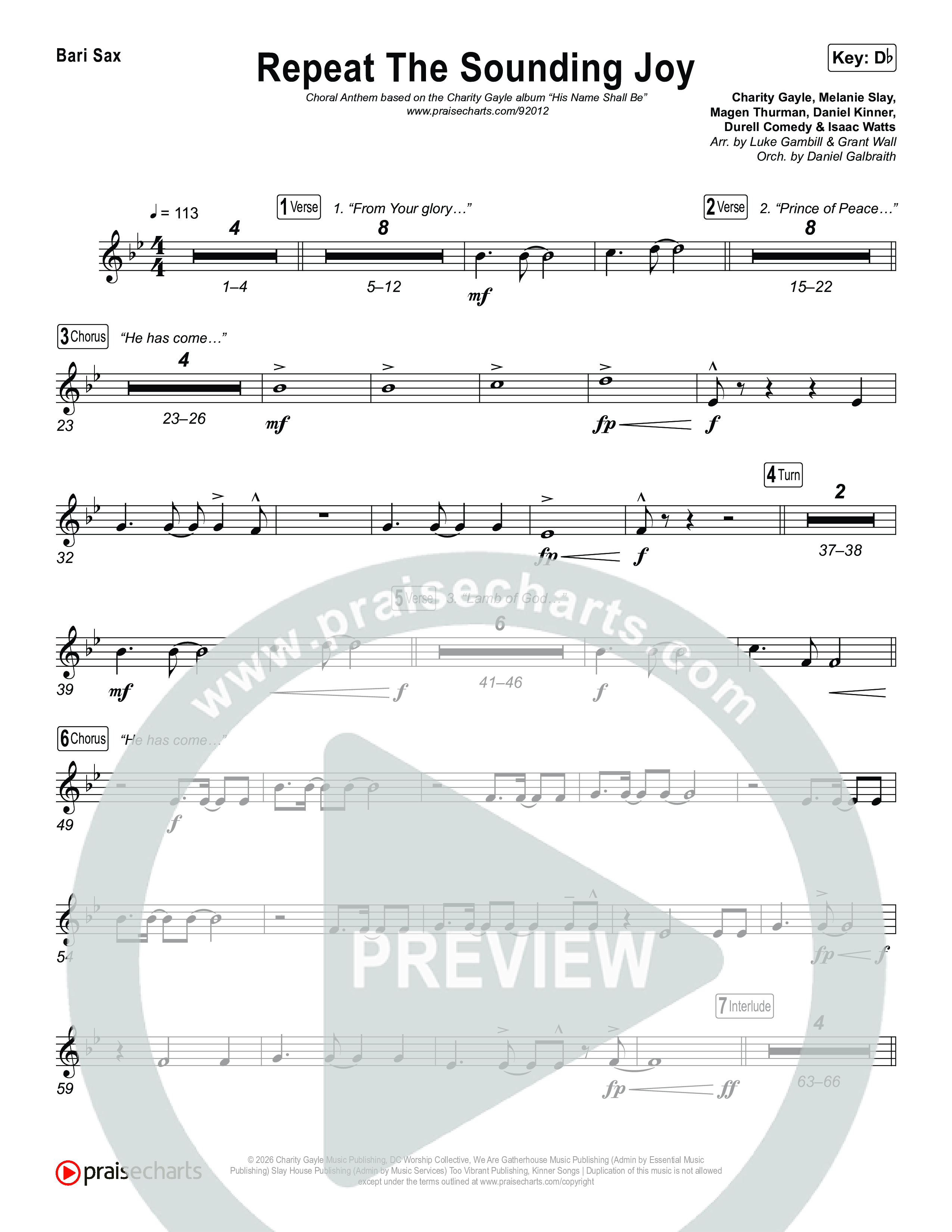 Repeat The Sounding Joy (Choral Anthem SATB) Bari Sax (Charity Gayle / Arr. Luke Gambill)