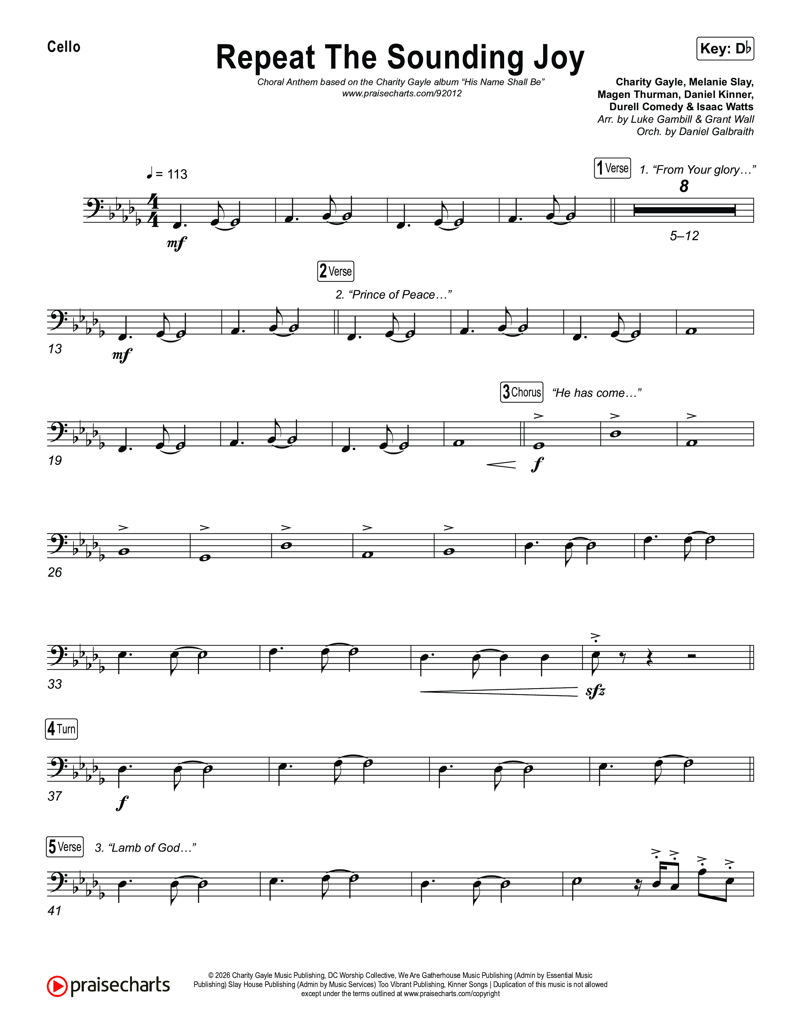 Repeat The Sounding Joy (Choral Anthem SATB) Cello (Charity Gayle / Arr. Luke Gambill)