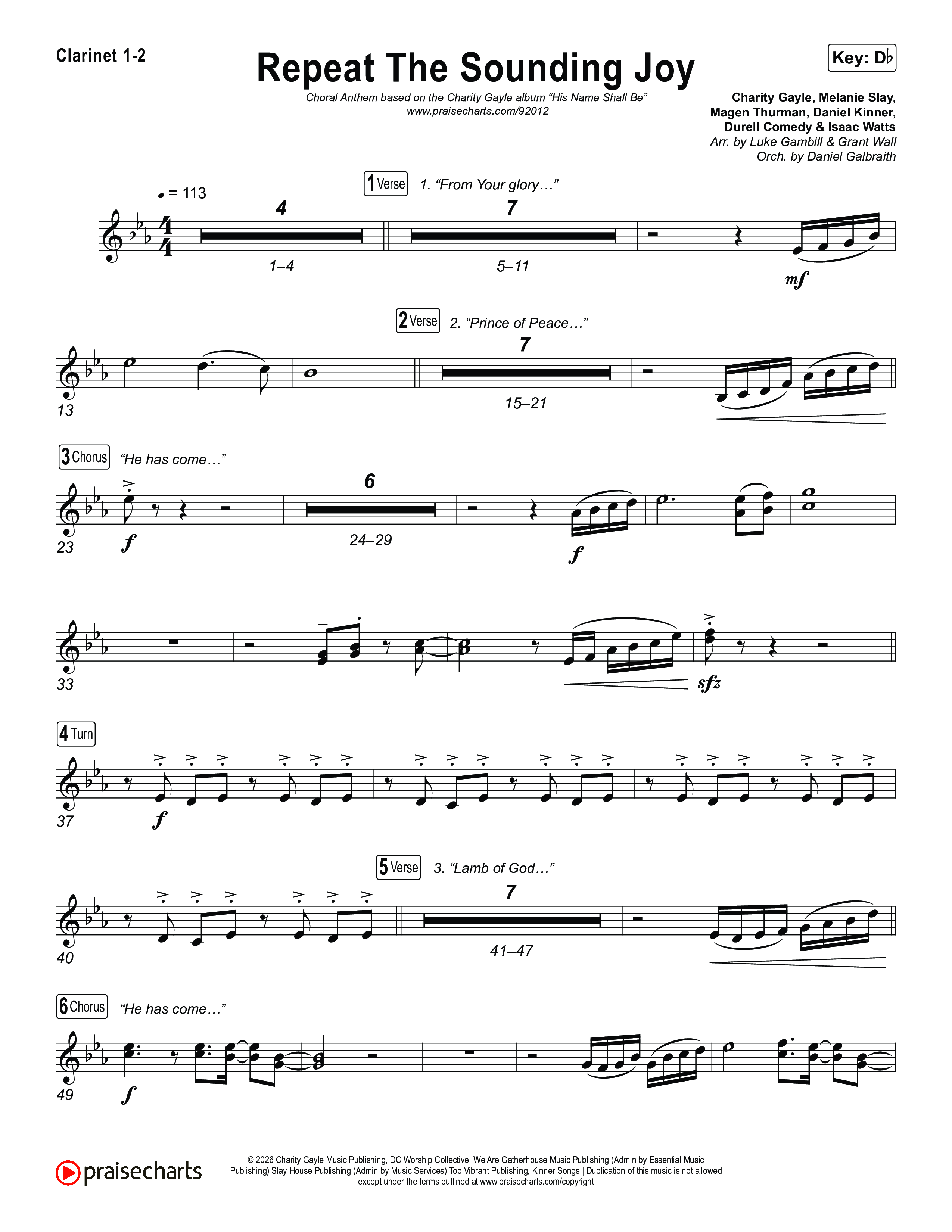 Repeat The Sounding Joy (Choral Anthem SATB) Clarinet 1/2 (Charity Gayle / Arr. Luke Gambill)