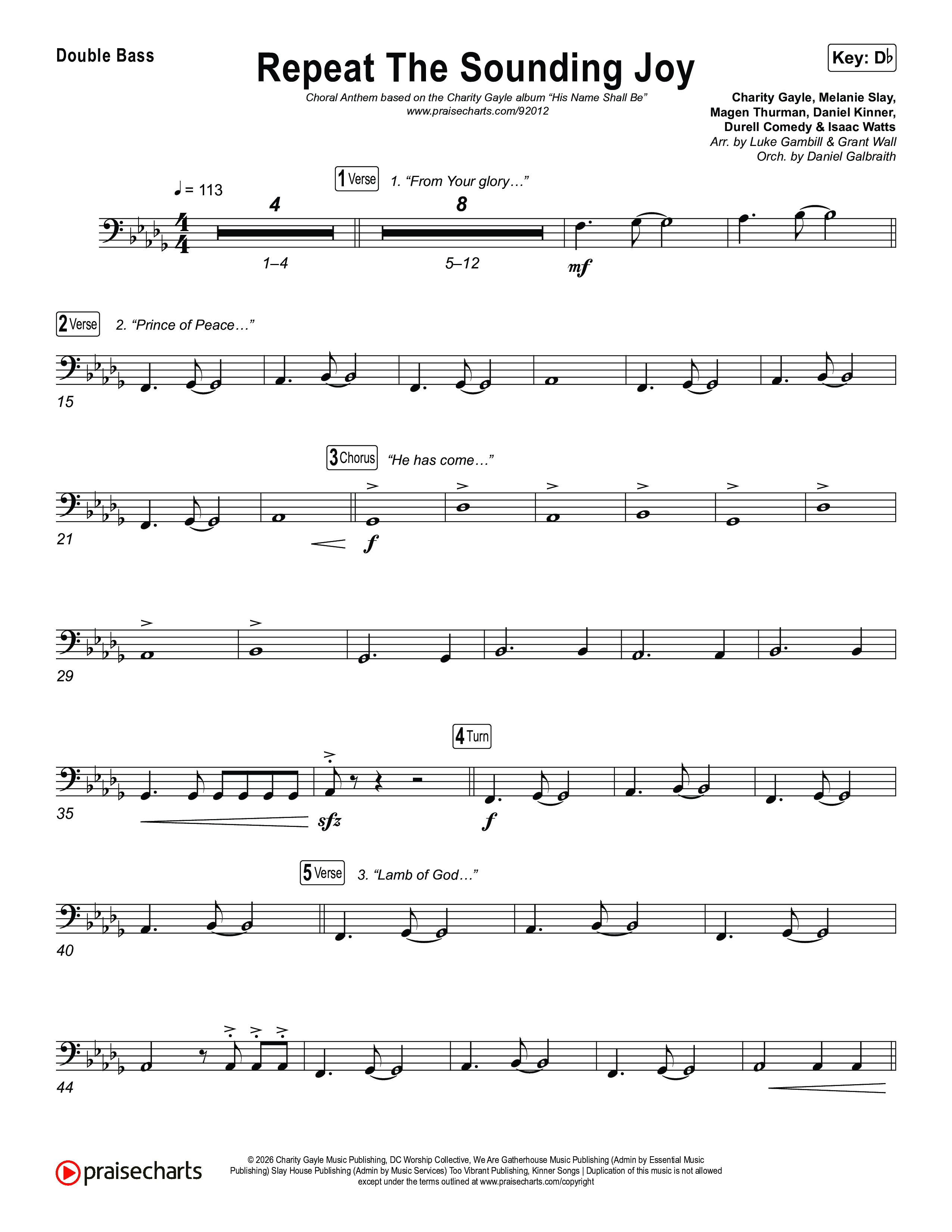 Repeat The Sounding Joy (Choral Anthem SATB) String Bass (Charity Gayle / Arr. Luke Gambill)