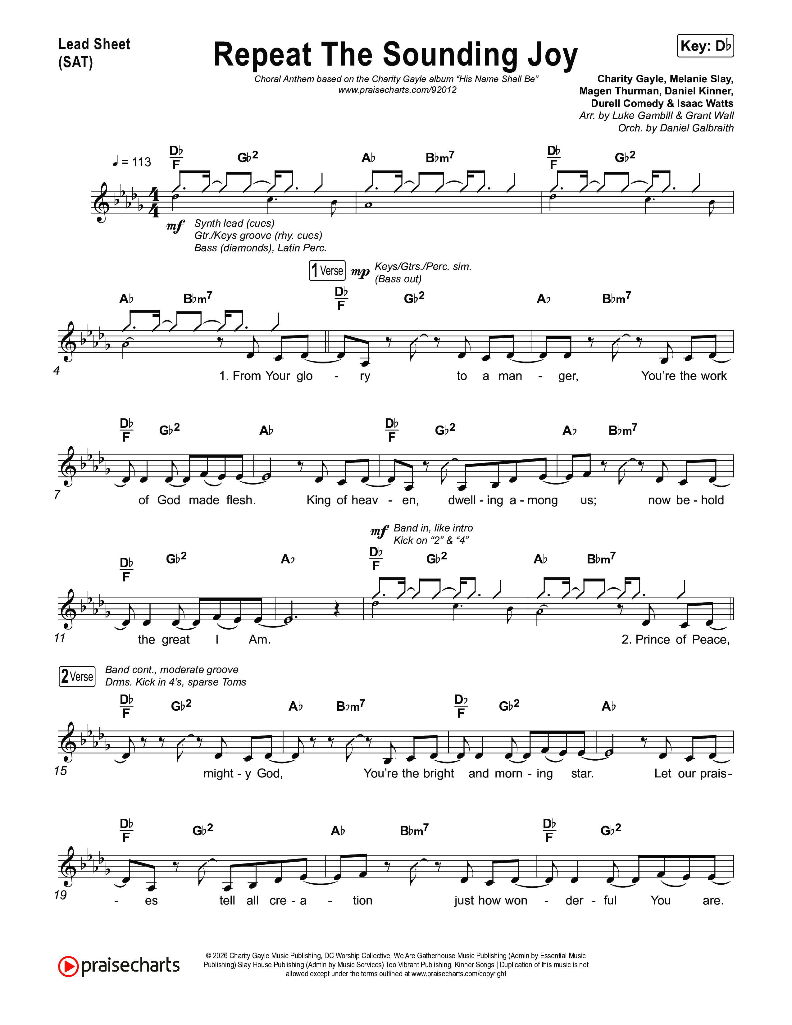 Repeat The Sounding Joy (Choral Anthem SATB) Lead Sheet (SAT) (Charity Gayle / Arr. Luke Gambill)