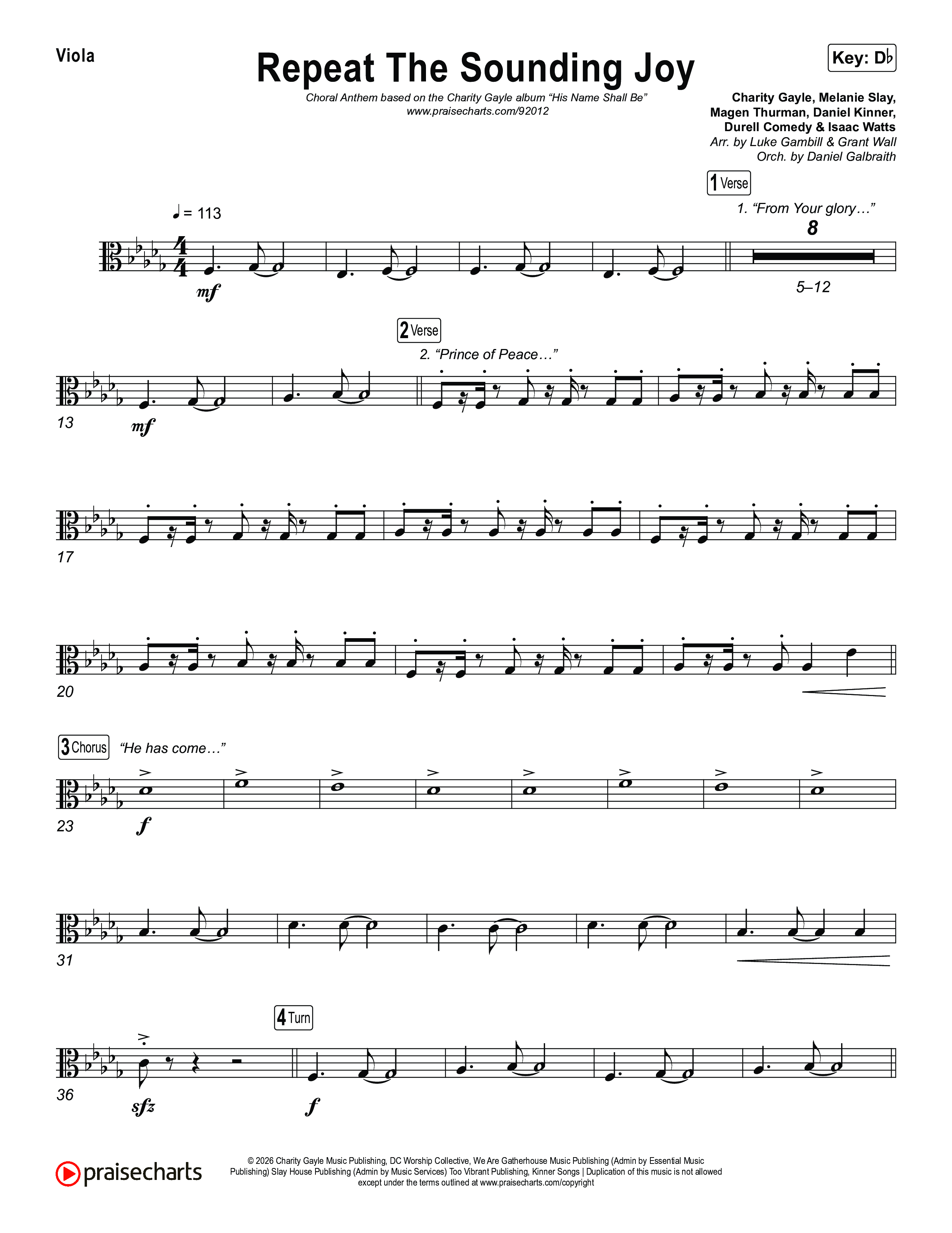 Repeat The Sounding Joy (Choral Anthem SATB) Viola (Charity Gayle / Arr. Luke Gambill)