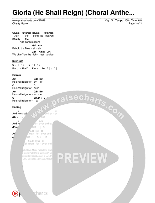 Gloria (He Shall Reign) (Choral Anthem SATB) Chords & Lyrics (Charity Gayle / Arr. Luke Gambill)