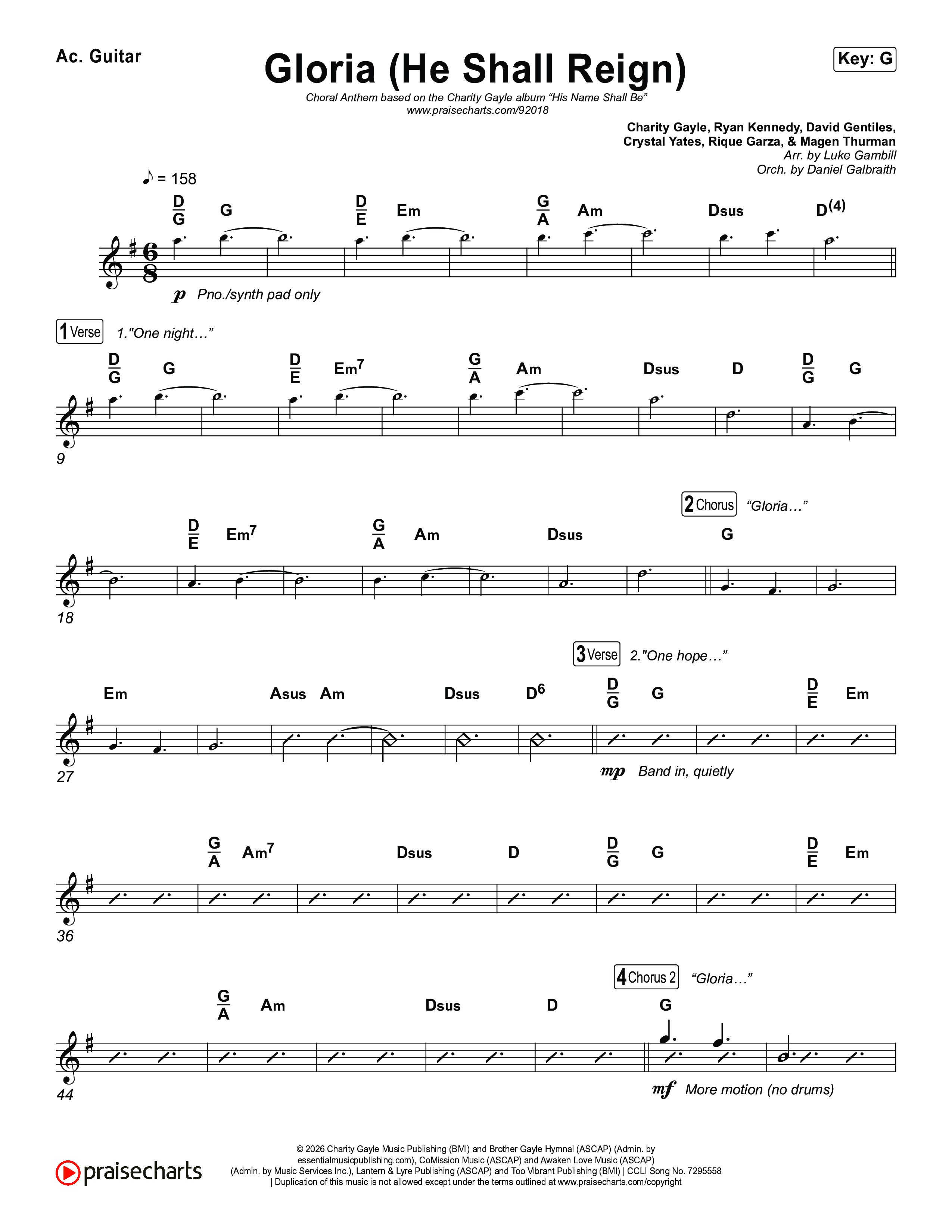 Gloria (He Shall Reign) (Choral Anthem SATB) Acoustic Guitar (Charity Gayle / Arr. Luke Gambill)