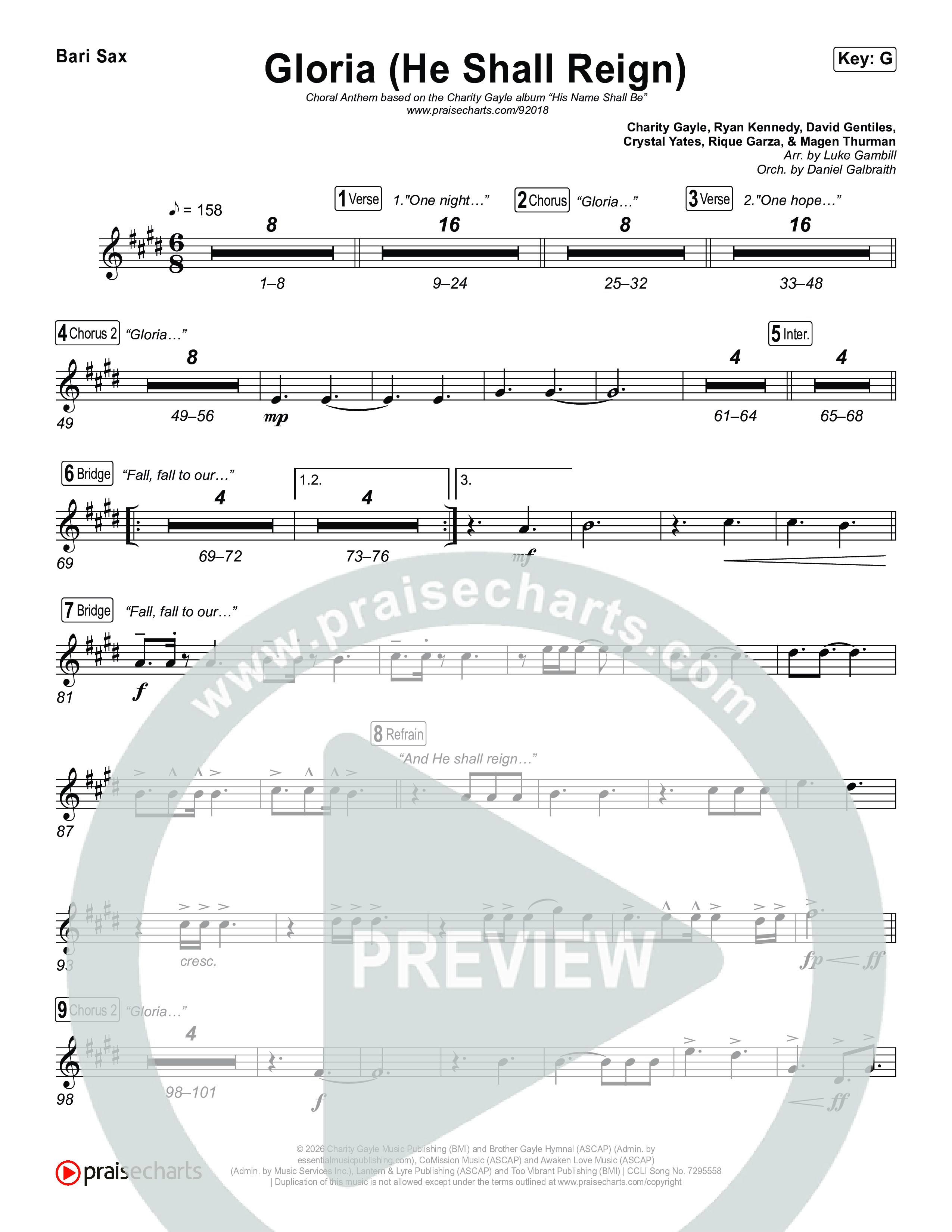 Gloria (He Shall Reign) (Choral Anthem SATB) Bari Sax (Charity Gayle / Arr. Luke Gambill)