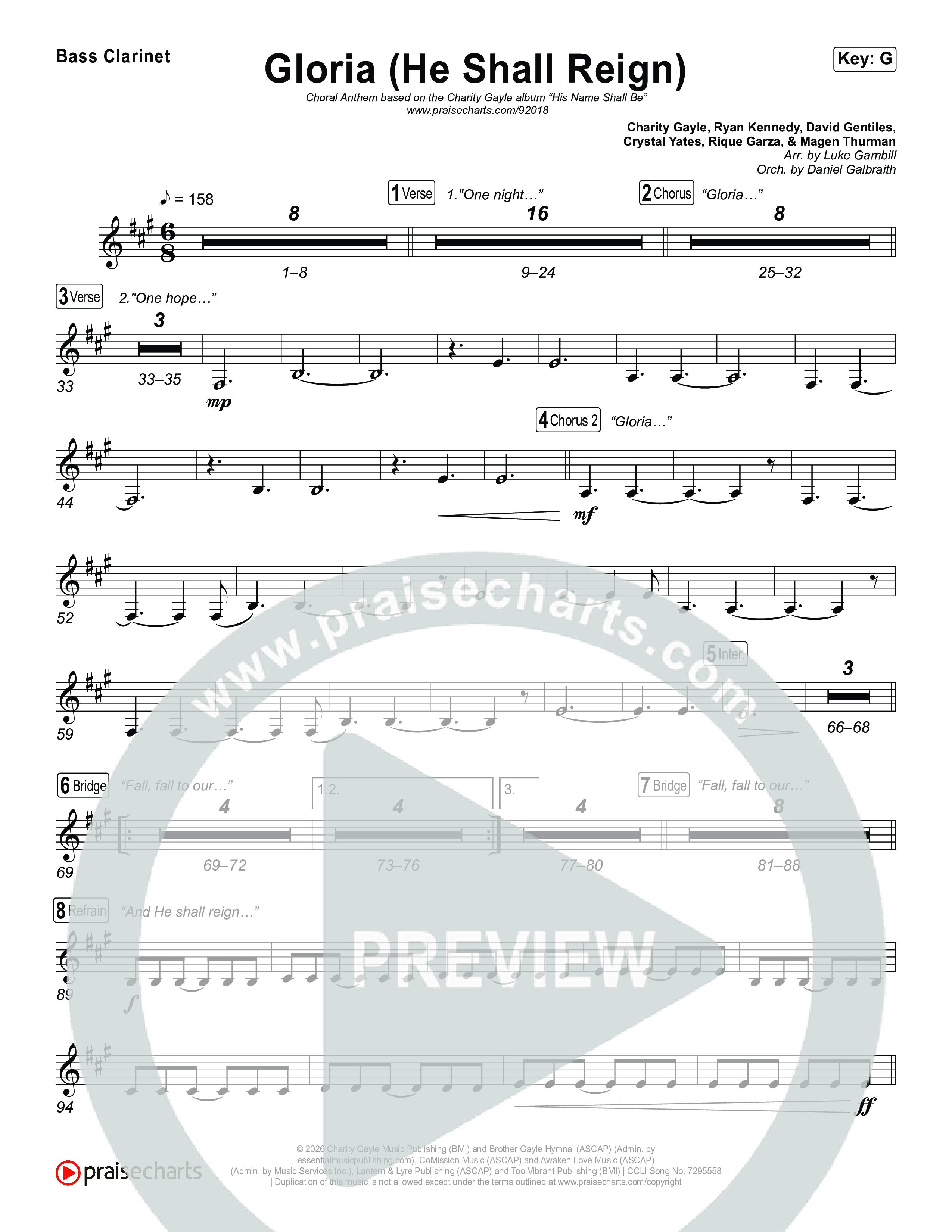 Gloria (He Shall Reign) (Choral Anthem SATB) Bass Clarinet (Charity Gayle / Arr. Luke Gambill)