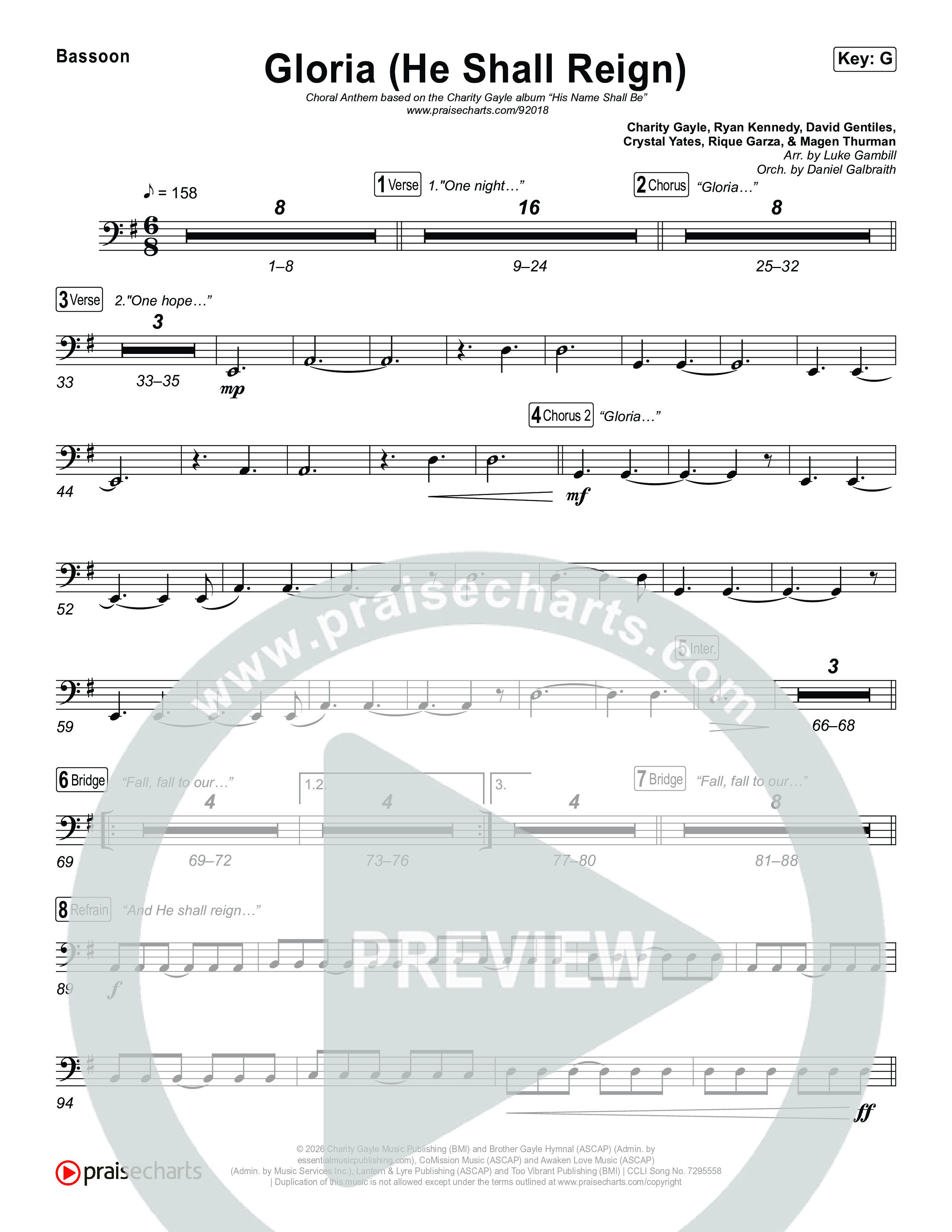 Gloria (He Shall Reign) (Choral Anthem SATB) Bassoon (Charity Gayle / Arr. Luke Gambill)