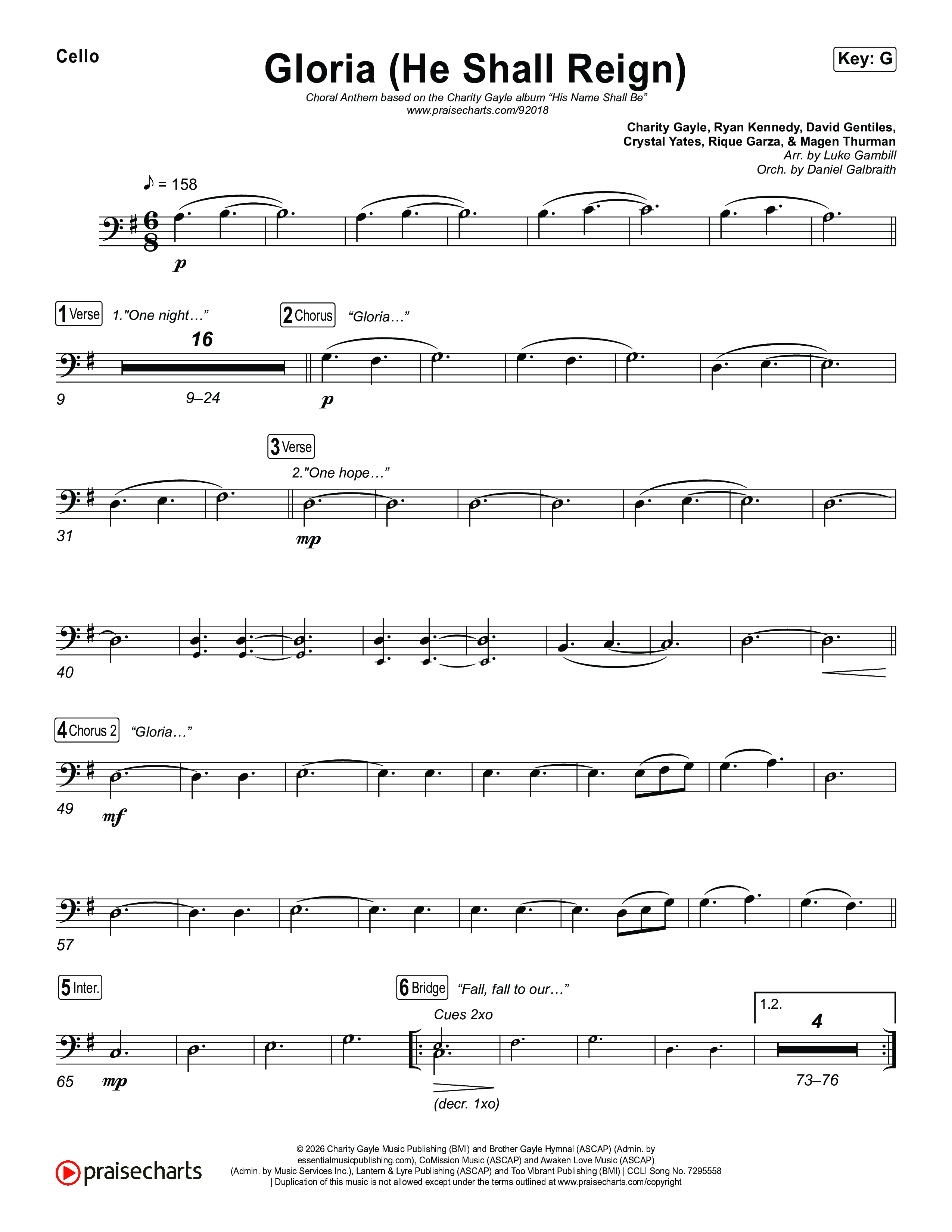 Gloria (He Shall Reign) (Choral Anthem SATB) Cello (Charity Gayle / Arr. Luke Gambill)