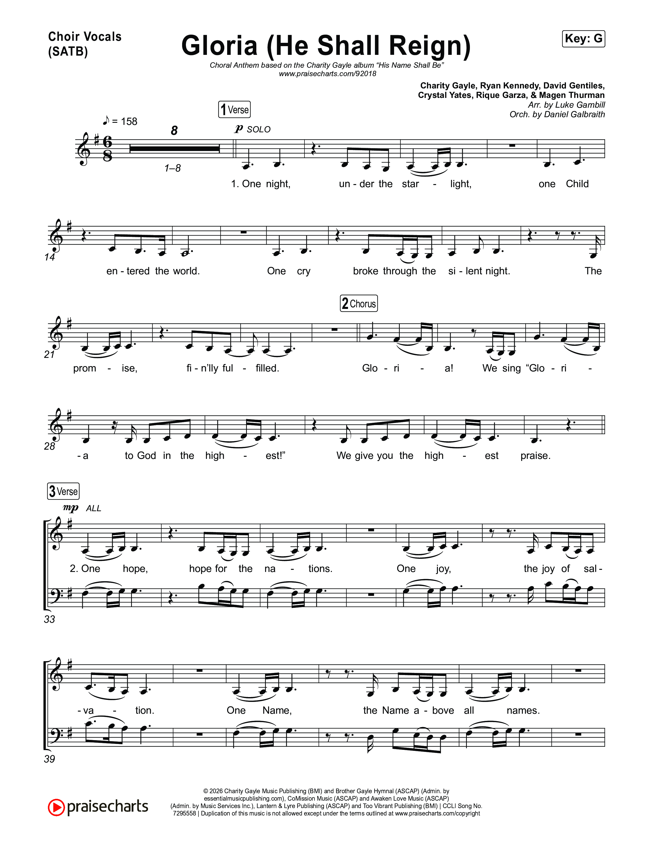 Gloria (He Shall Reign) (Choral Anthem SATB) Choir Sheet (SATB) (Charity Gayle / Arr. Luke Gambill)