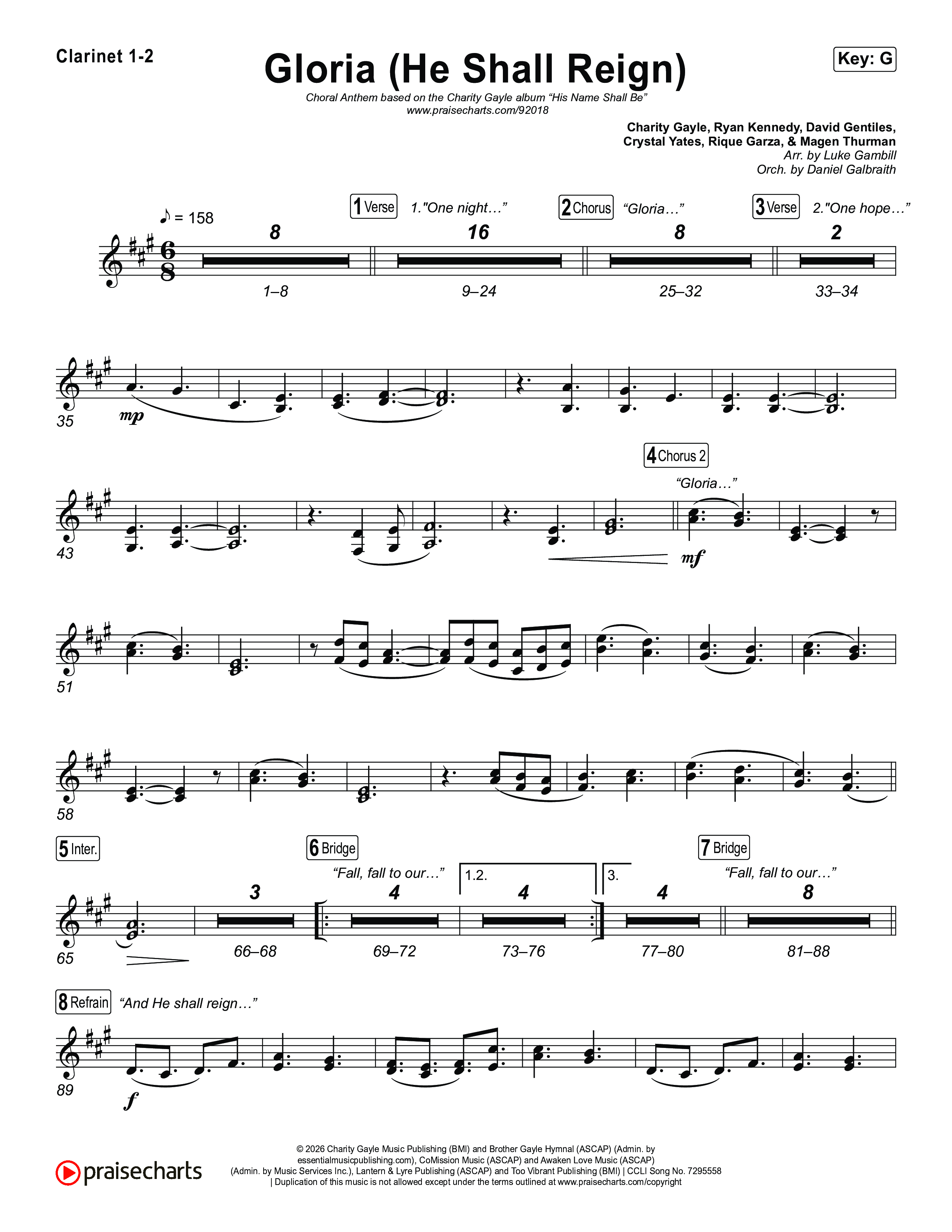 Gloria (He Shall Reign) (Choral Anthem SATB) Clarinet 1,2 (Charity Gayle / Arr. Luke Gambill)