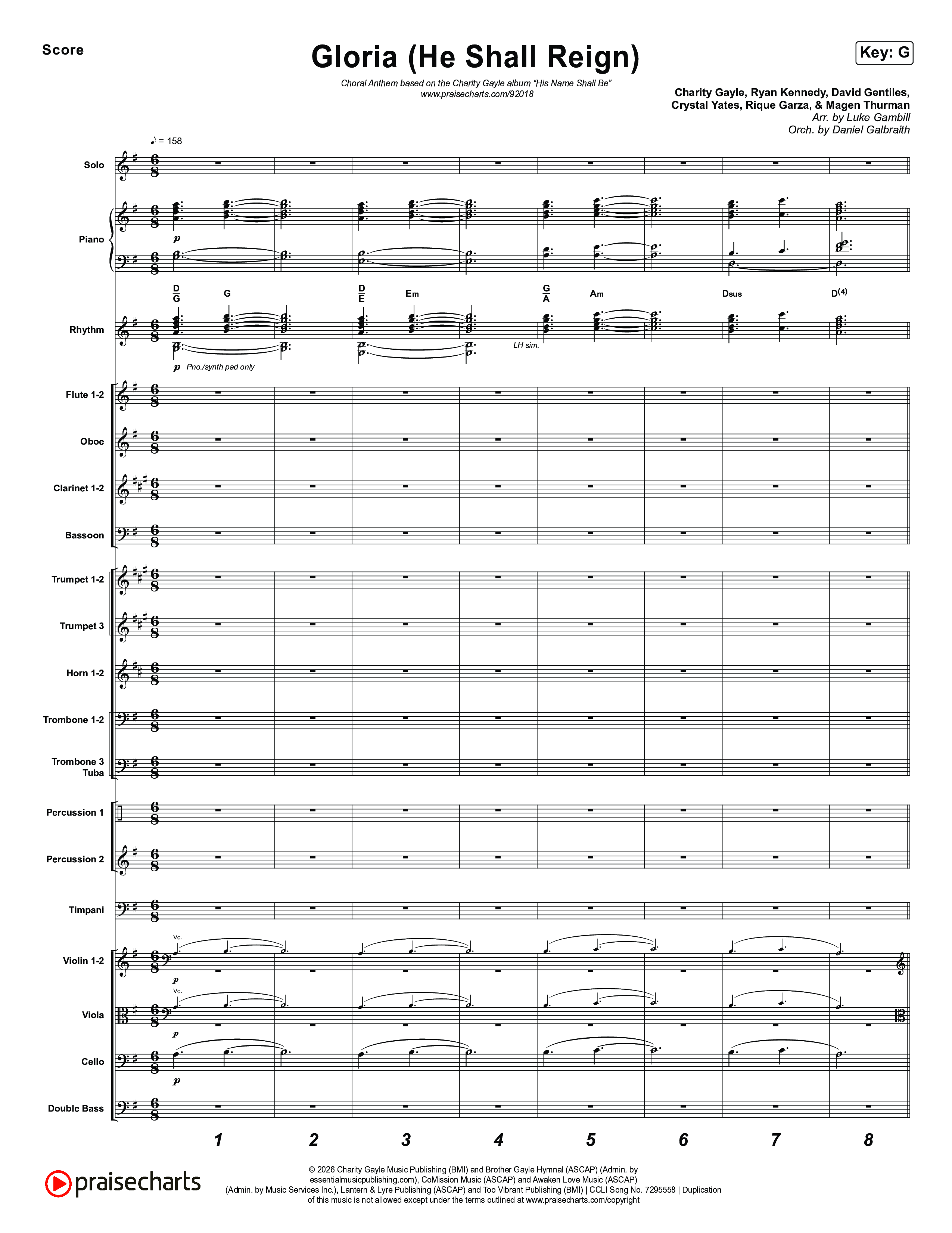 Gloria (He Shall Reign) (Choral Anthem SATB) Orchestration (Charity Gayle / Arr. Luke Gambill)