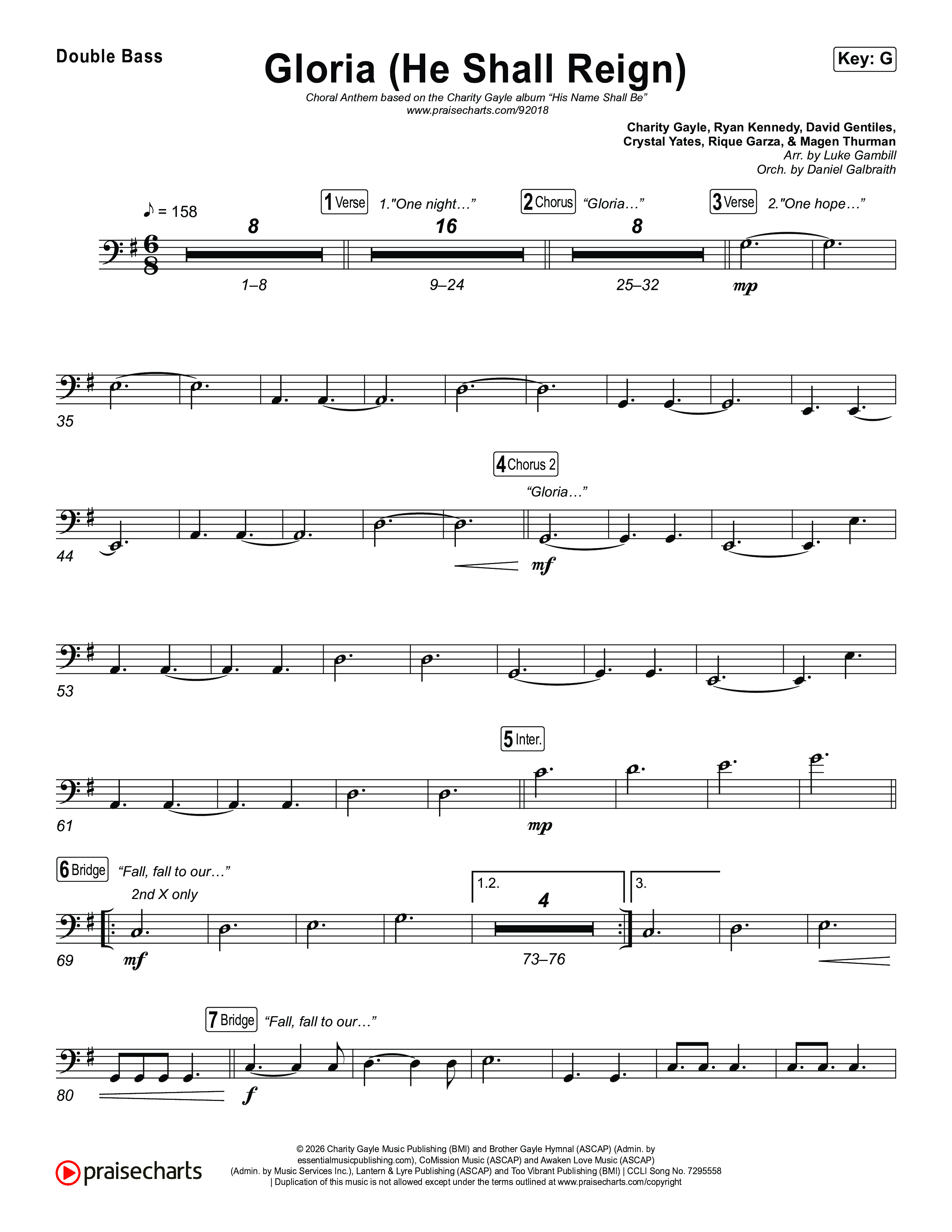 Gloria (He Shall Reign) (Choral Anthem SATB) String Bass (Charity Gayle / Arr. Luke Gambill)