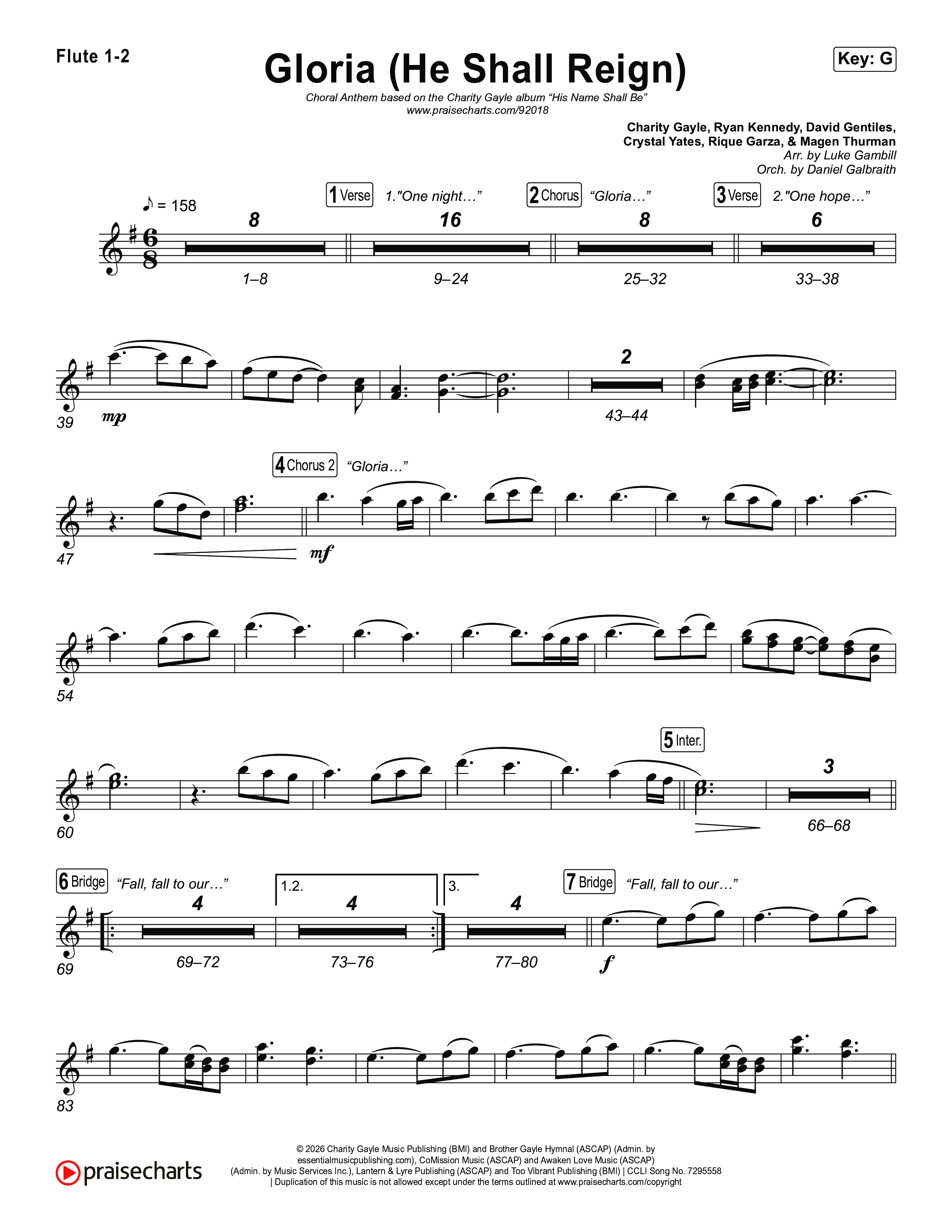 Gloria (He Shall Reign) (Choral Anthem SATB) Flute 1,2 (Charity Gayle / Arr. Luke Gambill)