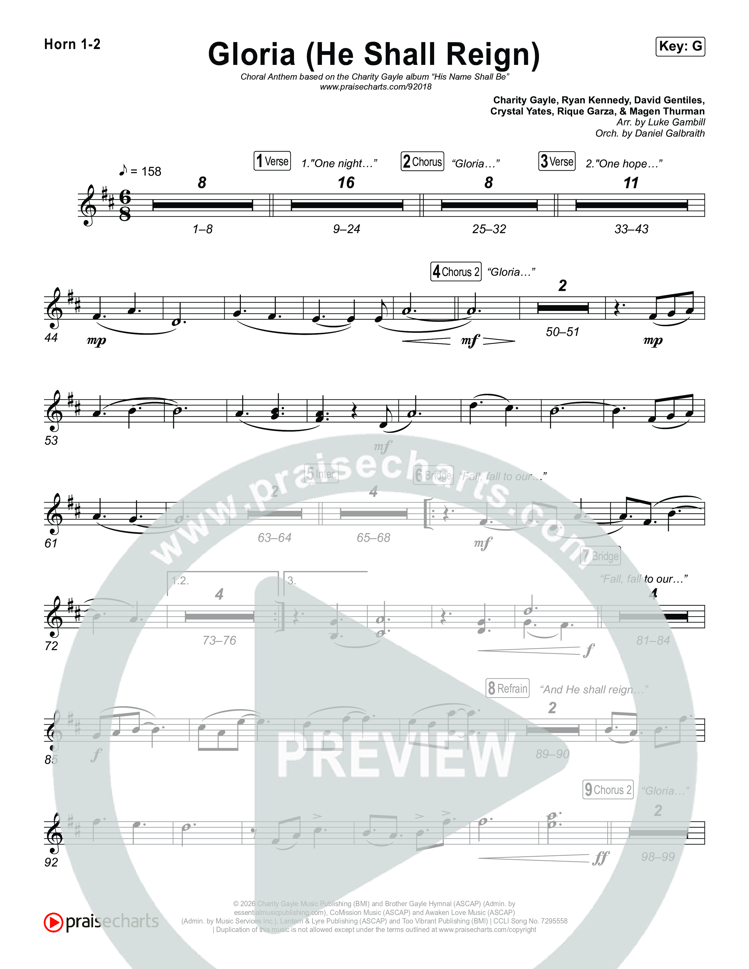 Gloria (He Shall Reign) (Choral Anthem SATB) Brass Pack (Charity Gayle / Arr. Luke Gambill)
