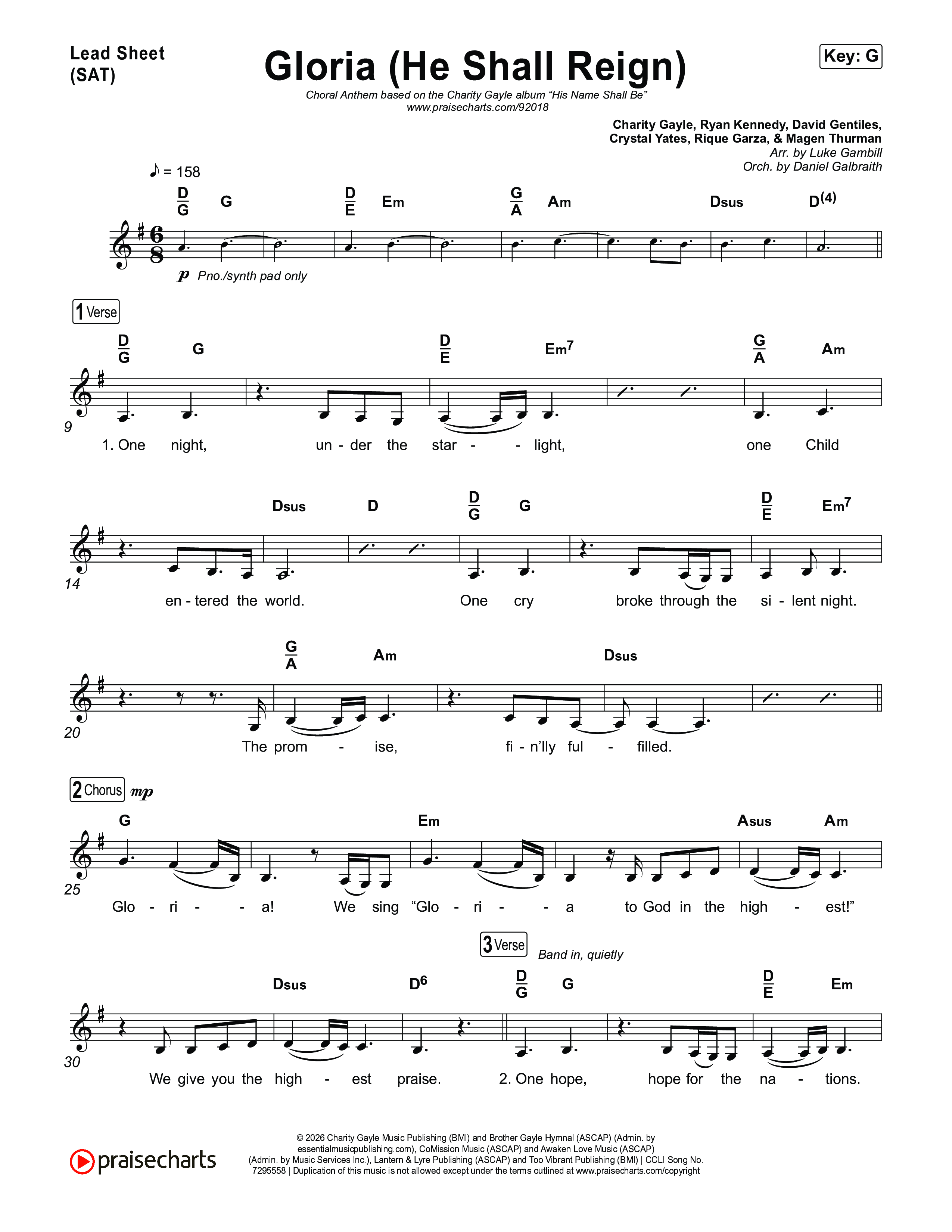 Gloria (He Shall Reign) (Choral Anthem SATB) Lead Sheet (SAT) (Charity Gayle / Arr. Luke Gambill)