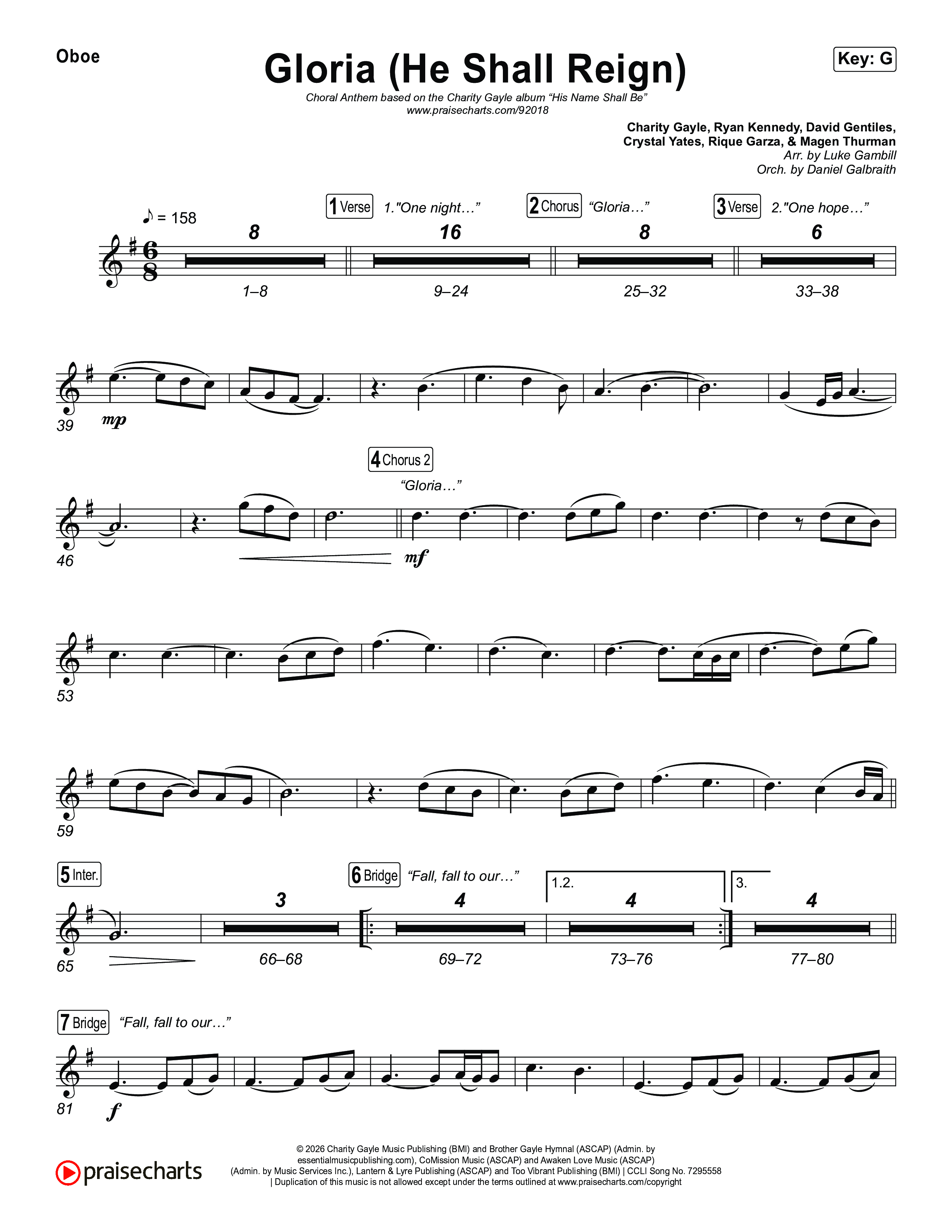 Gloria (He Shall Reign) (Choral Anthem SATB) Oboe (Charity Gayle / Arr. Luke Gambill)