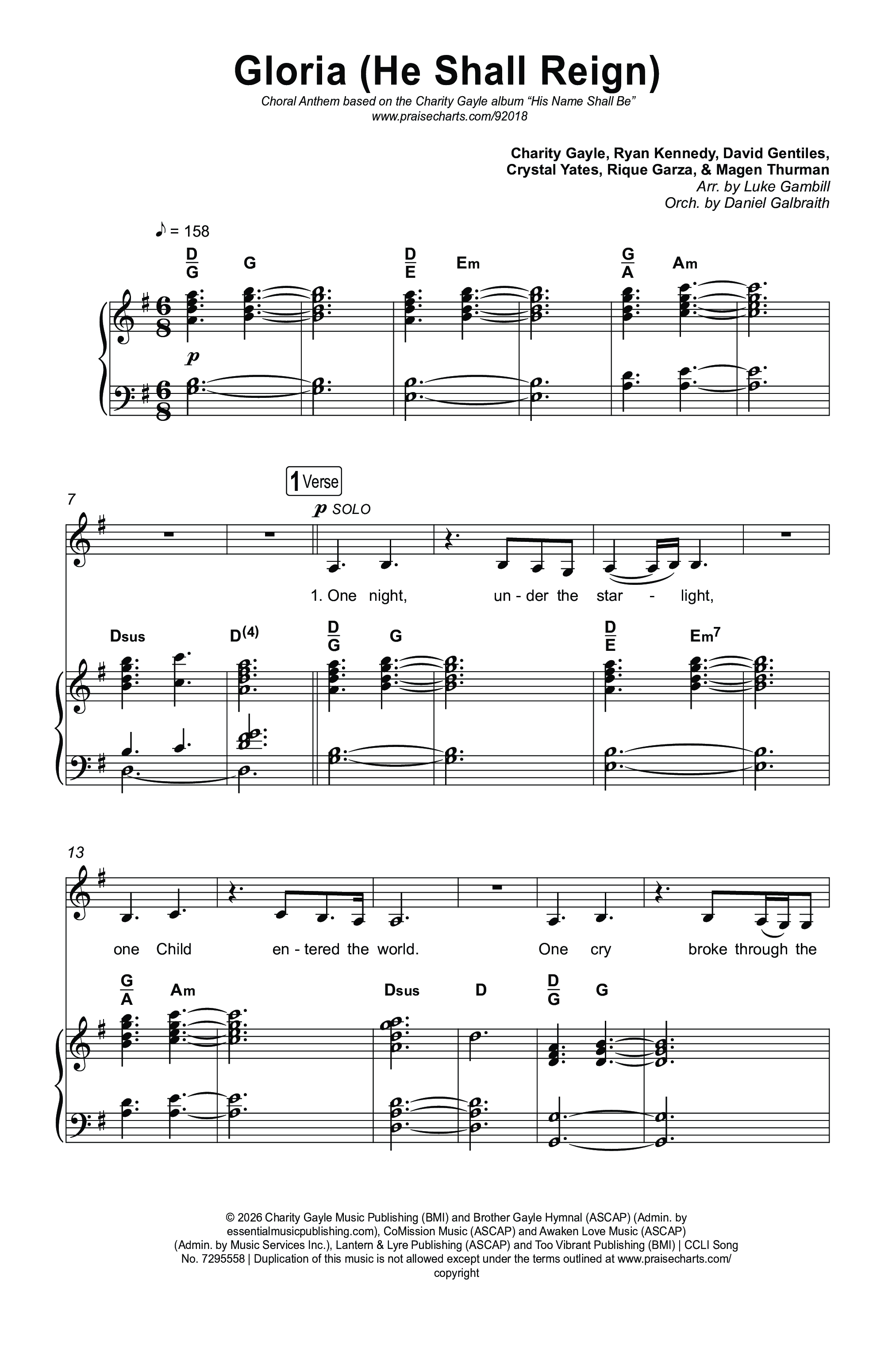 Gloria (He Shall Reign) (Choral Anthem SATB) Octavo (SATB & Pno) (Charity Gayle / Arr. Luke Gambill)