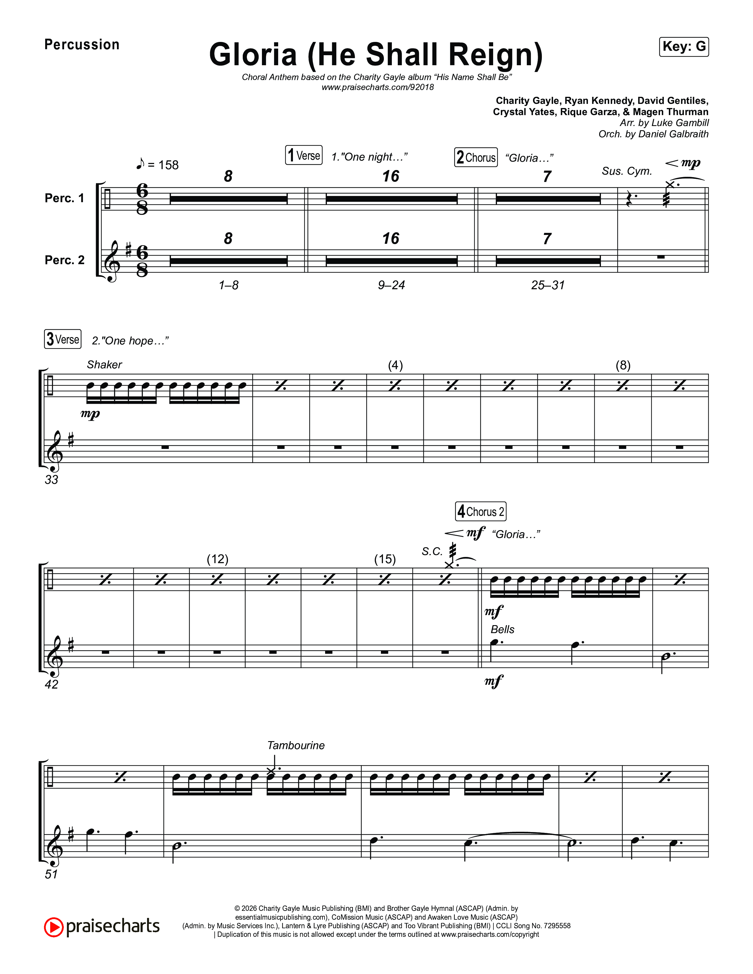 Gloria (He Shall Reign) (Choral Anthem SATB) Percussion (Charity Gayle / Arr. Luke Gambill)