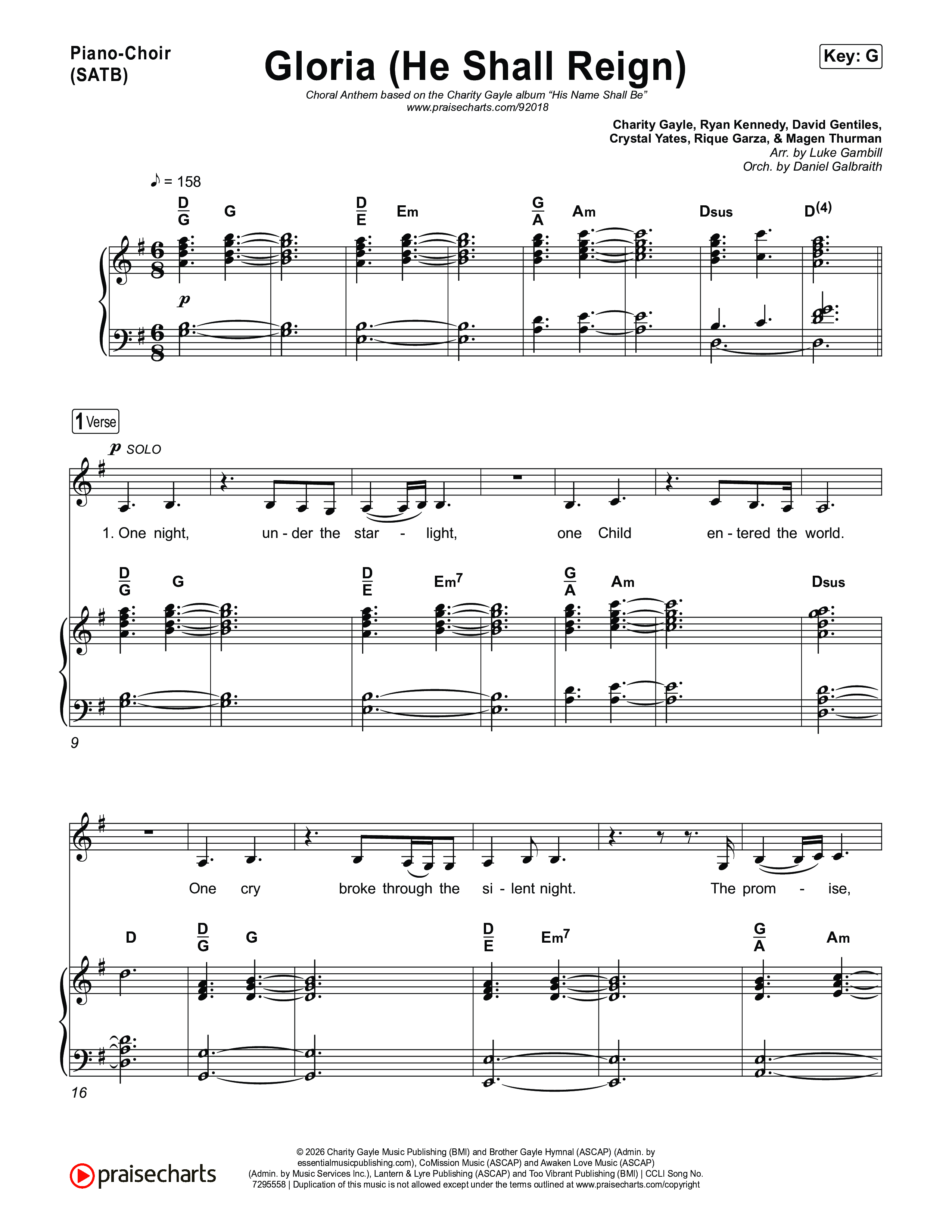 Gloria (He Shall Reign) (Choral Anthem SATB) Piano/Vocal (SATB) (Charity Gayle / Arr. Luke Gambill)