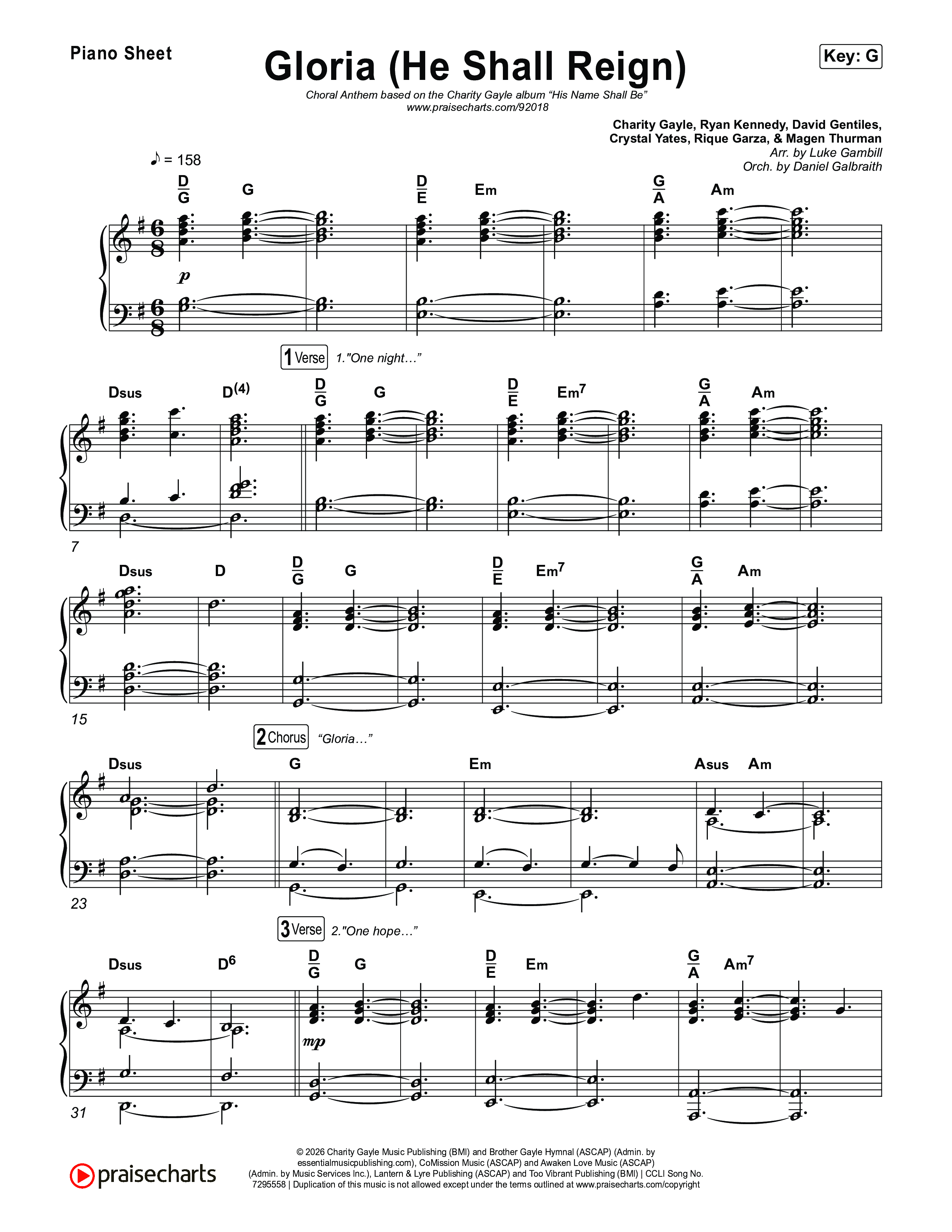 Gloria (He Shall Reign) (Choral Anthem SATB) Piano Sheet (Charity Gayle / Arr. Luke Gambill)