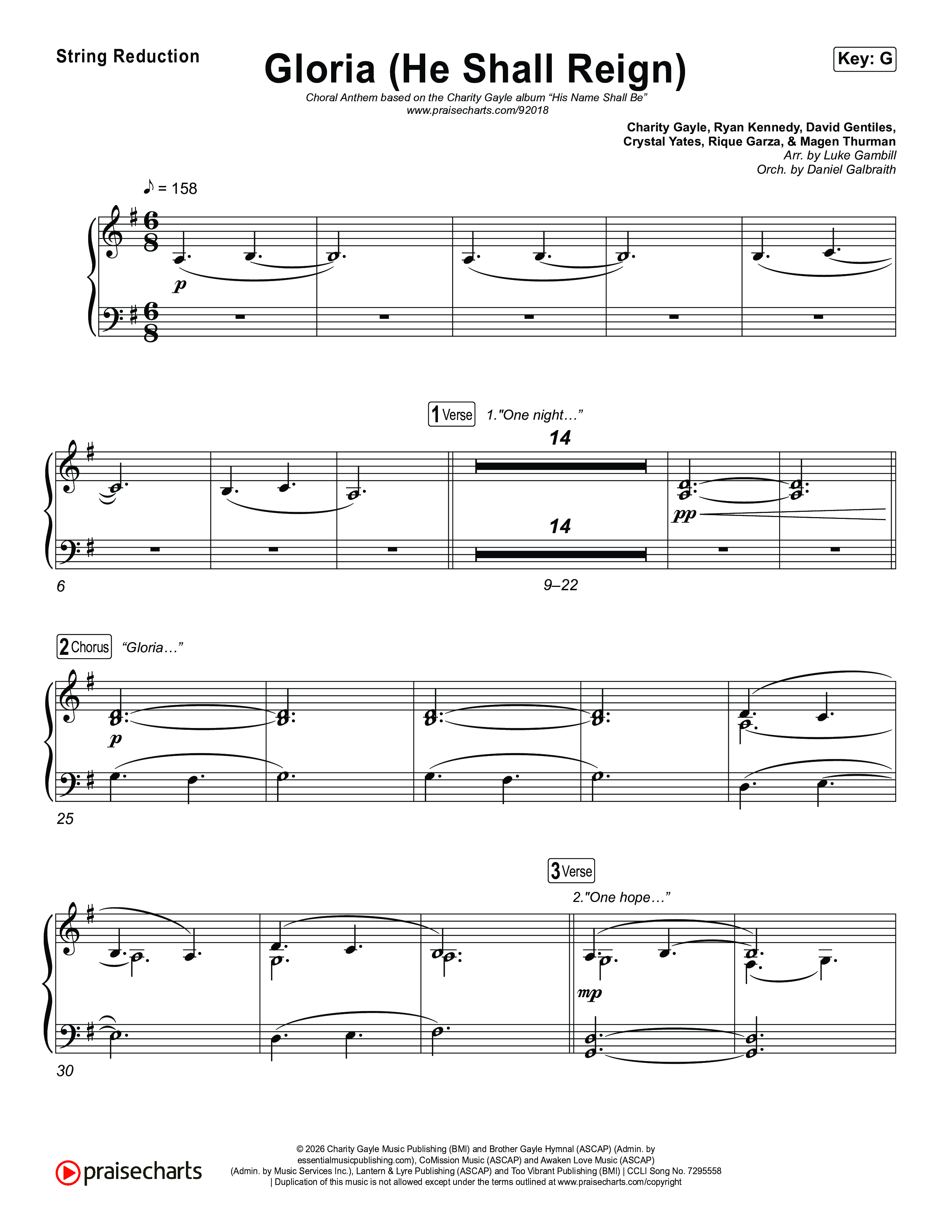 Gloria (He Shall Reign) (Choral Anthem SATB) String Reduction (Charity Gayle / Arr. Luke Gambill)