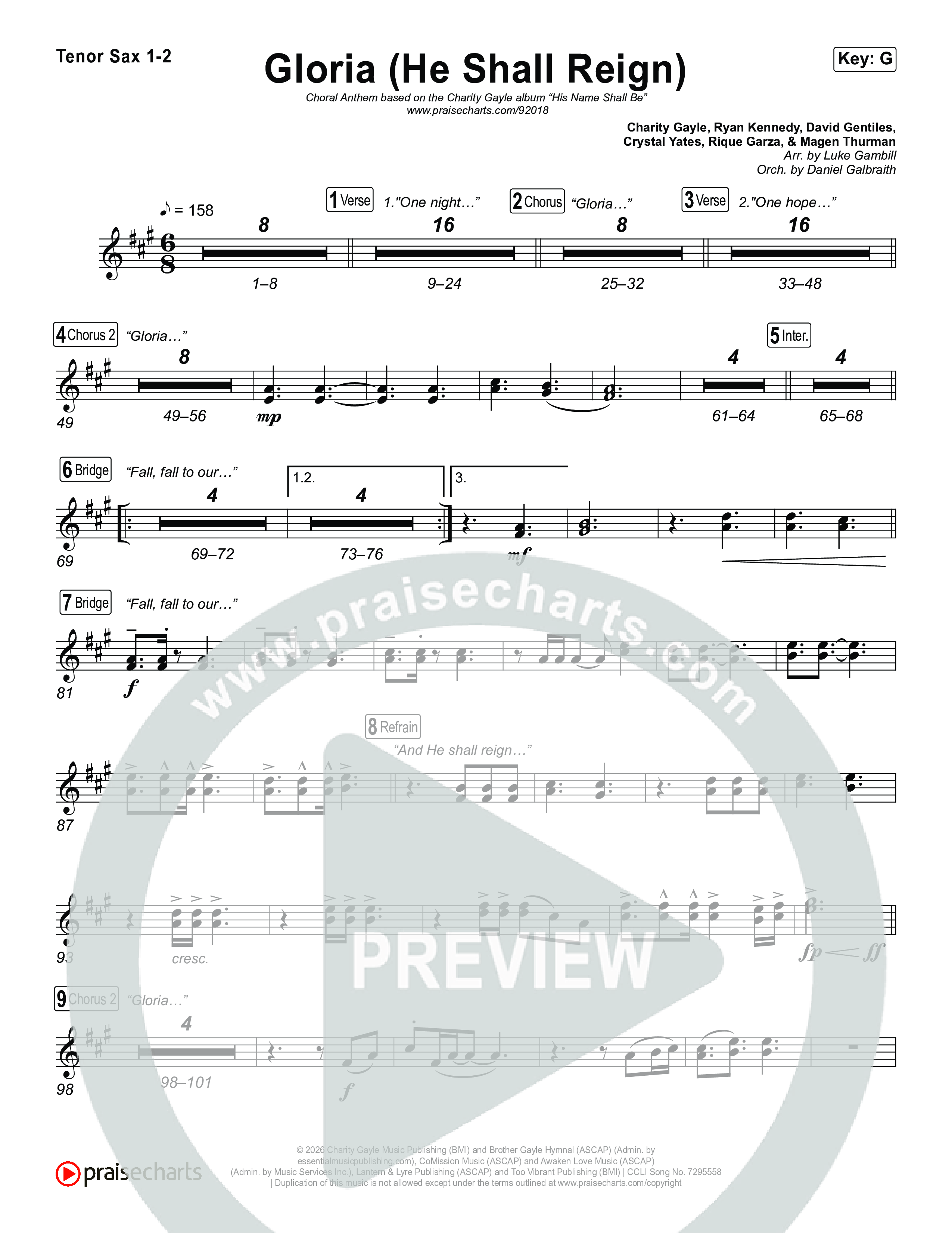 Gloria (He Shall Reign) (Choral Anthem SATB) Sax Pack (Charity Gayle / Arr. Luke Gambill)