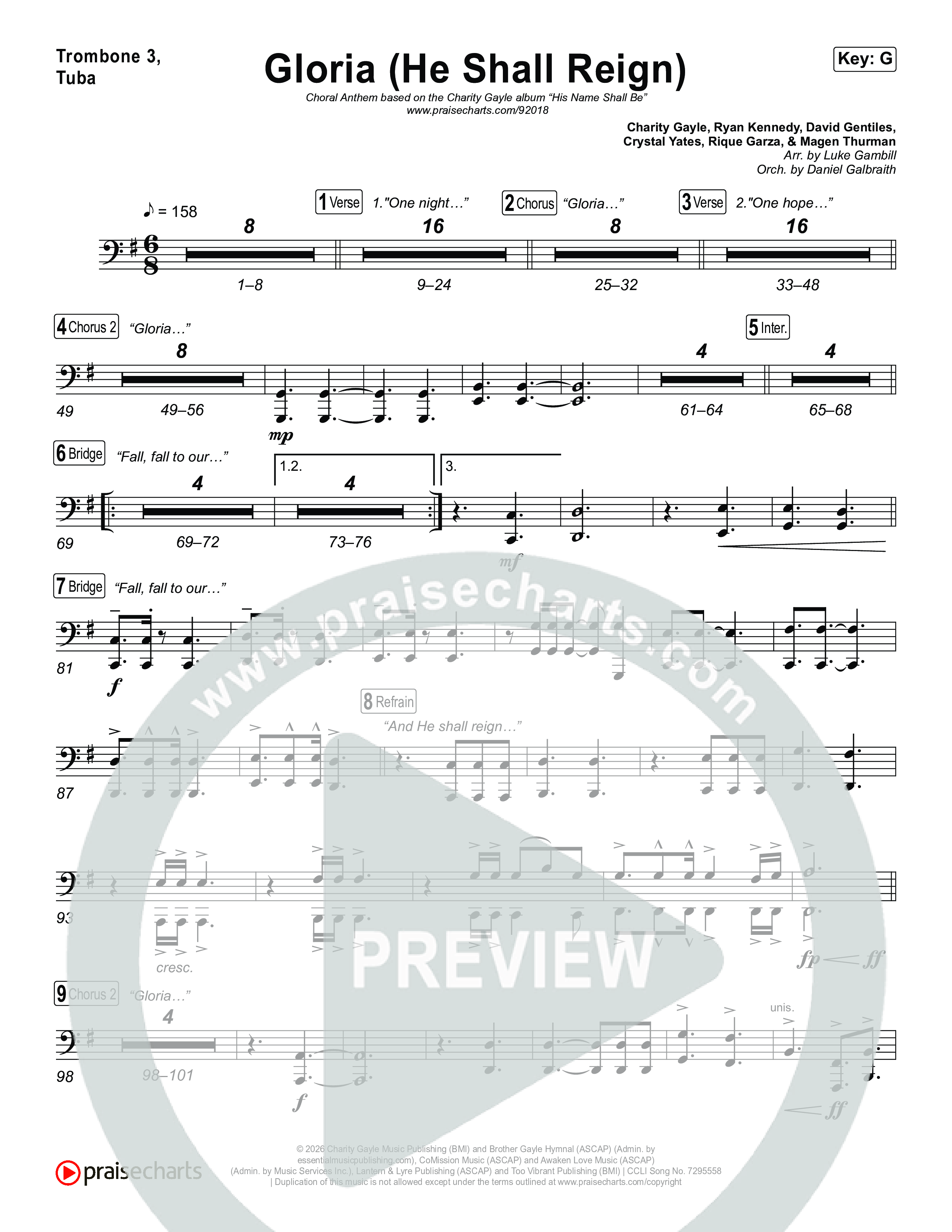 Gloria (He Shall Reign) (Choral Anthem SATB) Trombone 1,2 (Charity Gayle / Arr. Luke Gambill)